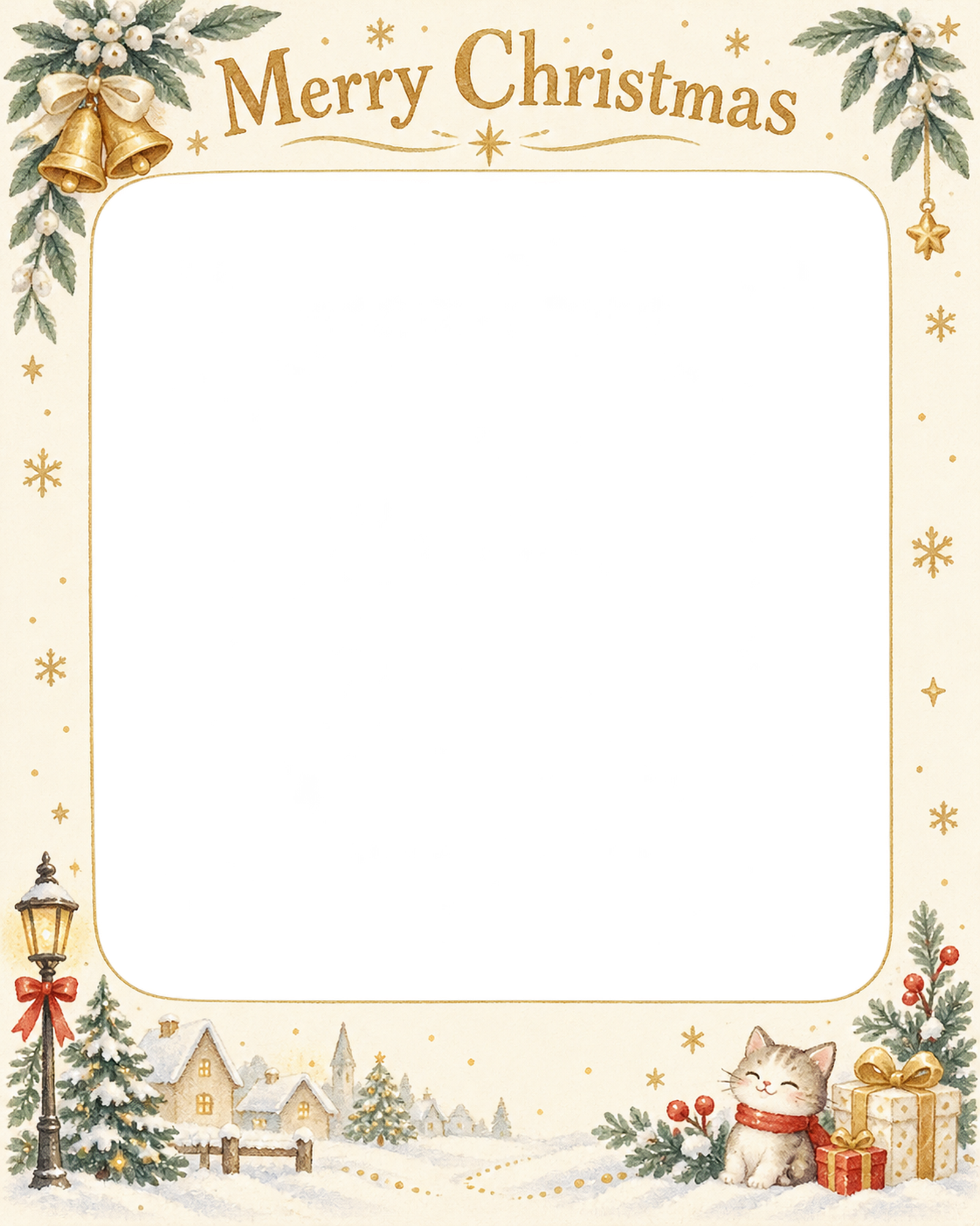 ベルと冬の葉の会社・社員のクリスマス写真フレーム｜白と金の感謝カード・無料イラスト 100191に写真・文字を入れる