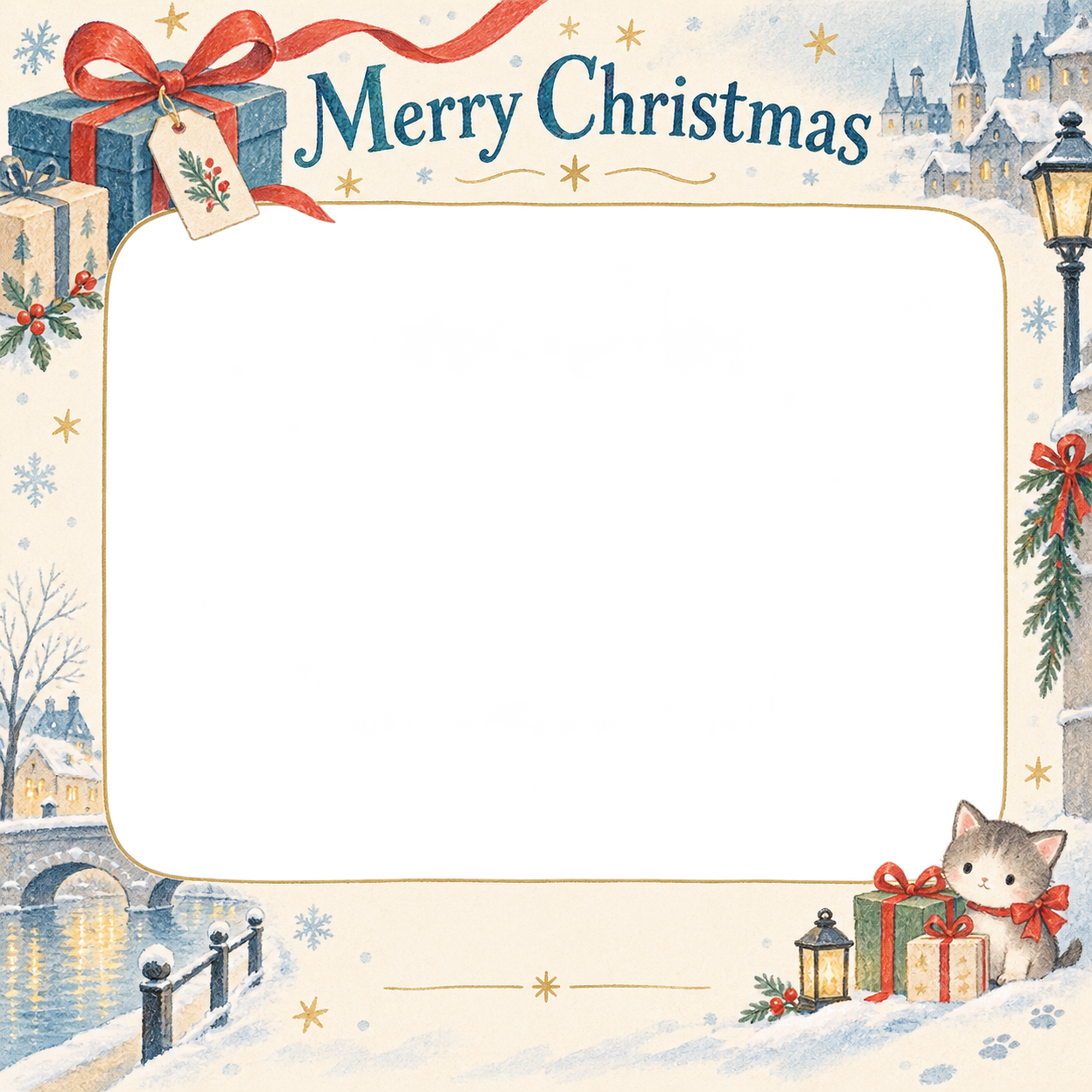 贈り物の結び目の会社・社員のクリスマス写真フレーム｜冬の街とつながり・無料イラスト 100193に写真・文字を入れる