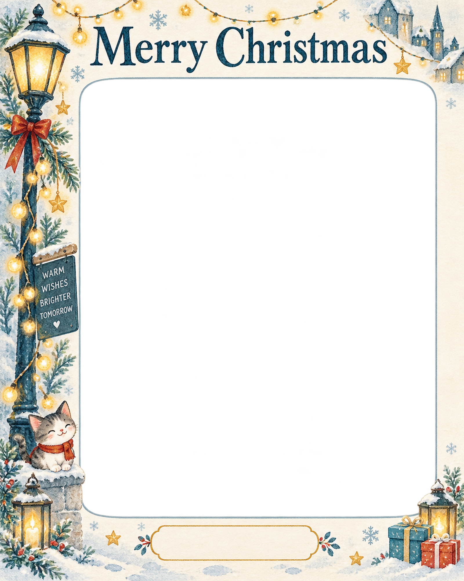 光のガーランドの会社・社員のクリスマス写真フレーム｜冬の街とつながり・無料イラスト 100194に写真・文字を入れる