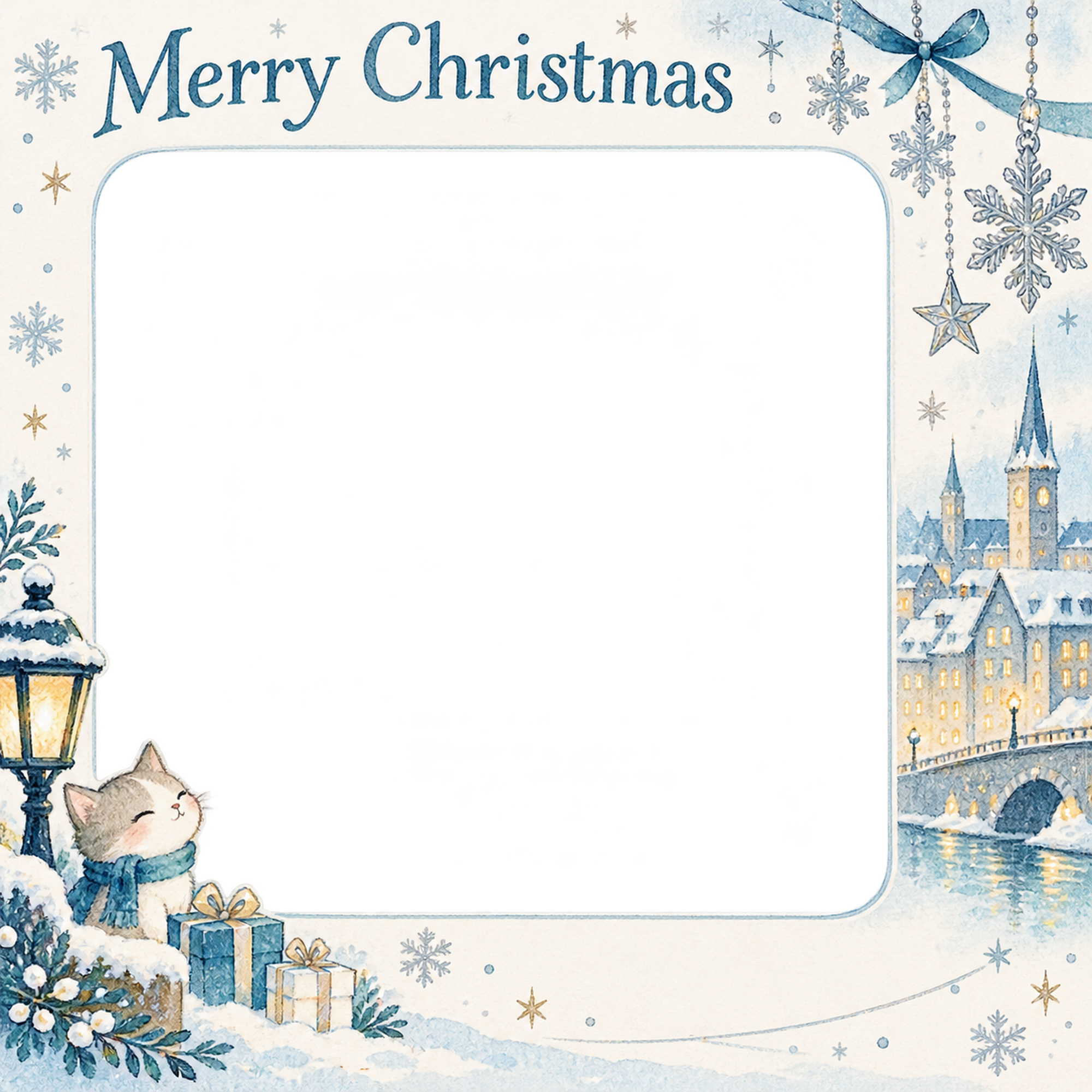銀の雪結晶の会社・社員のクリスマス写真フレーム｜冬の街とつながり・無料イラスト 100196に写真・文字を入れる