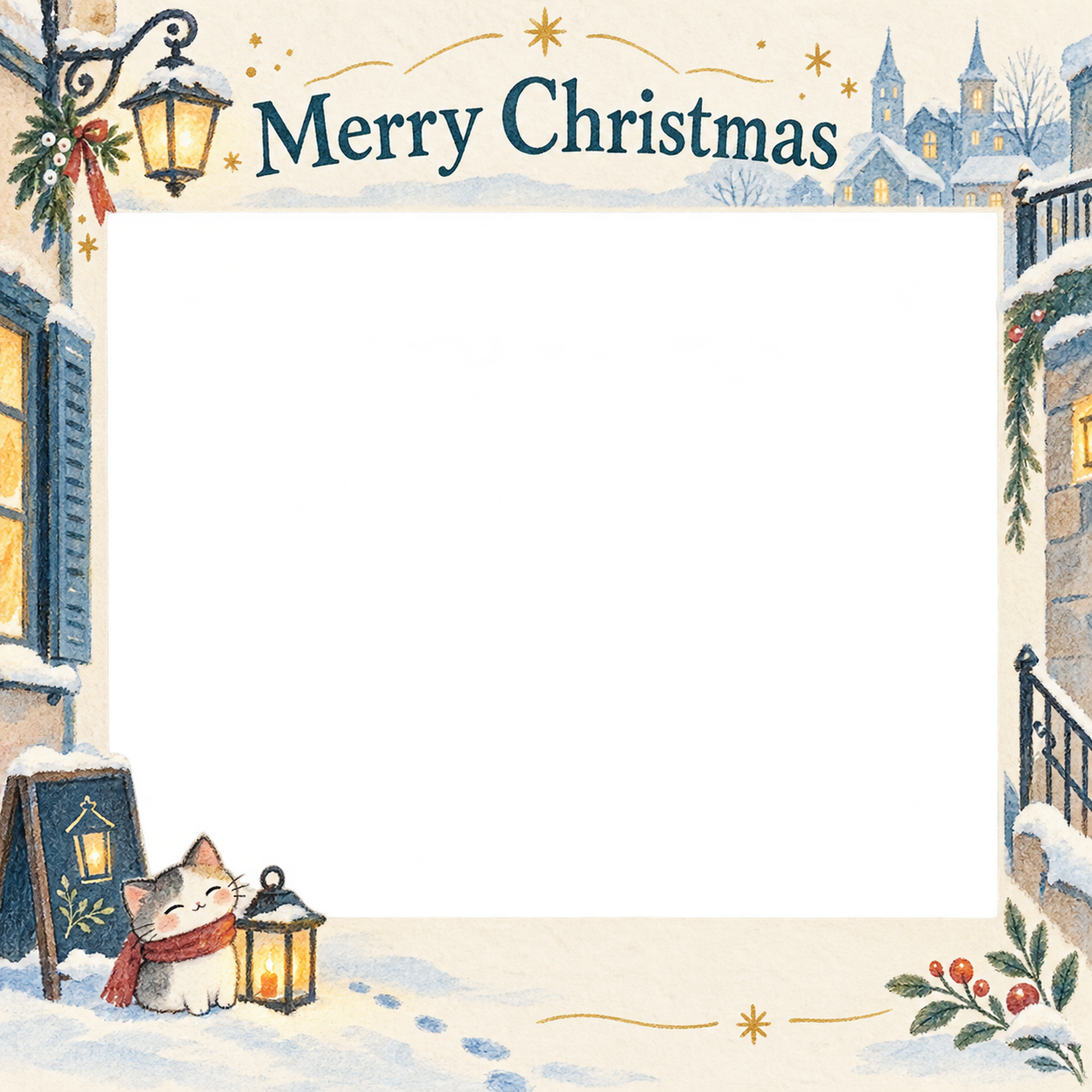 あたたかな灯りの会社・社員のクリスマス写真フレーム｜冬の街とつながり・無料イラスト 100197に写真・文字を入れる