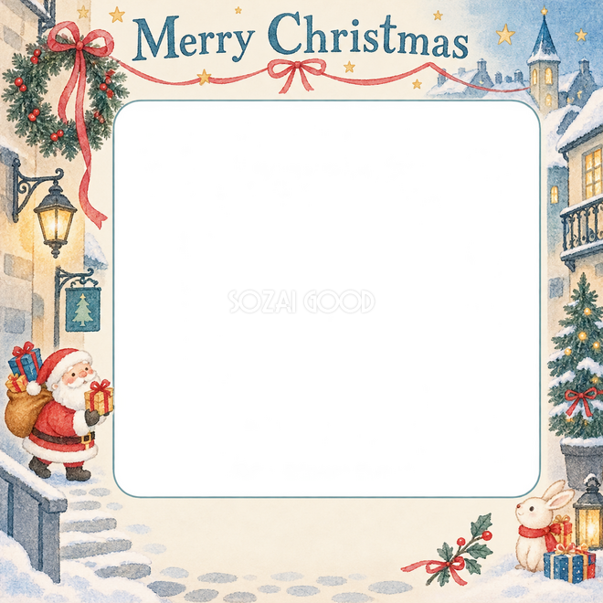 リースと細いリボンのクリスマス枠 リースと細いリボンのクリスマス枠