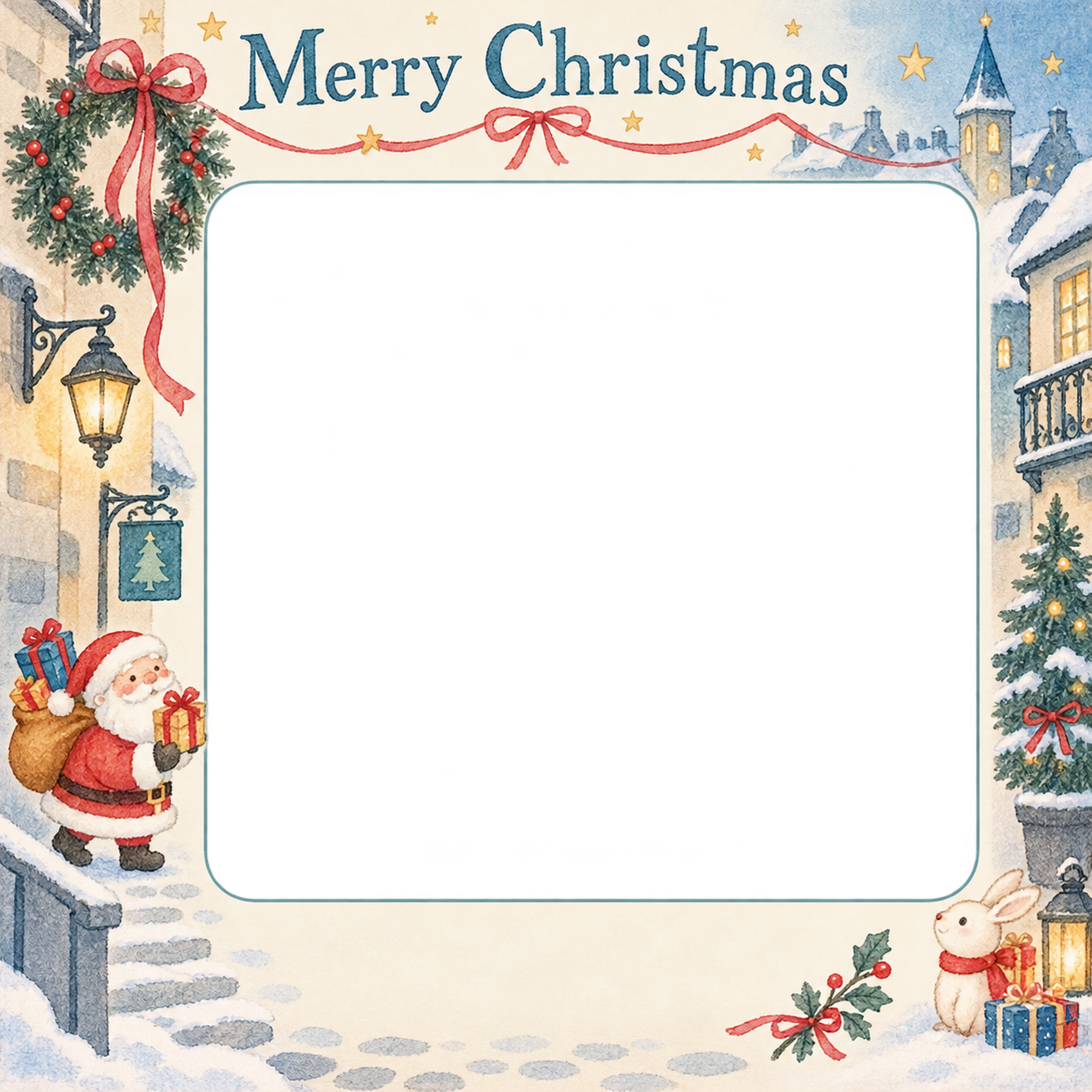 リースと細いリボンの会社・社員のクリスマス写真フレーム｜冬の街とつながり・無料イラスト 100199に写真・文字を入れる
