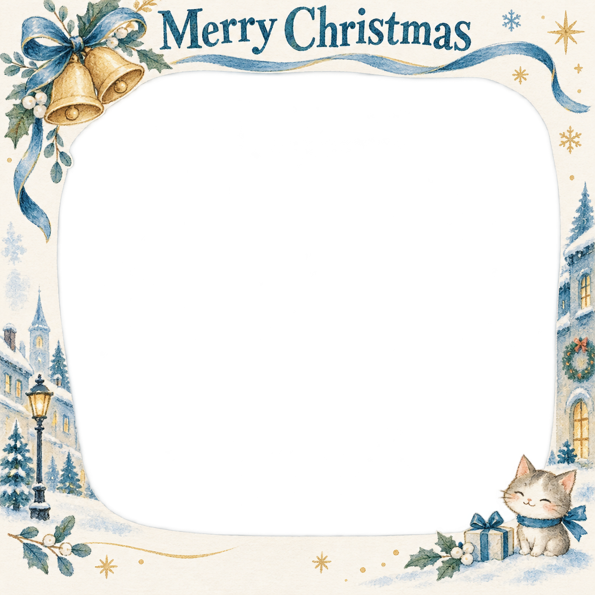ベルと冬の葉の会社・社員のクリスマス写真フレーム｜冬の街とつながり・無料イラスト 100201に写真・文字を入れる