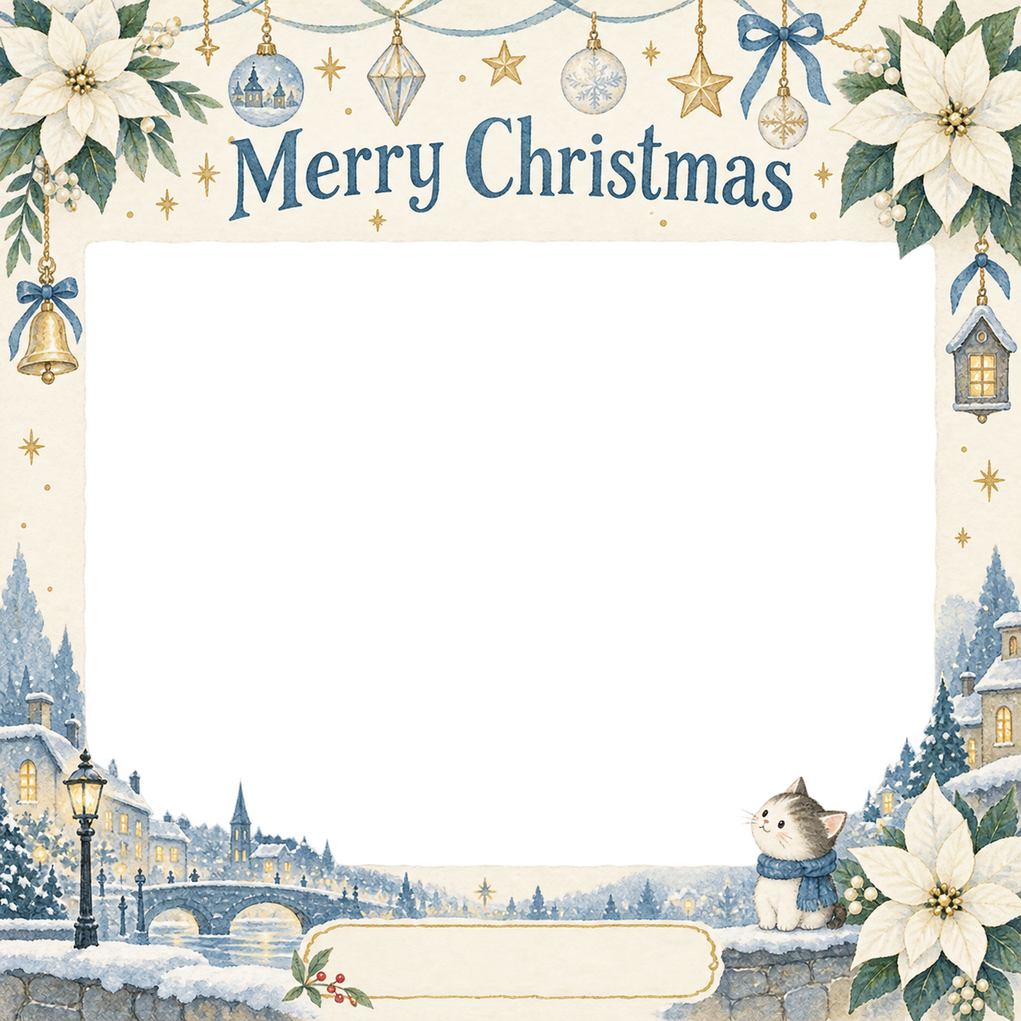 白いポインセチアの会社・社員のクリスマス写真フレーム｜冬の街とつながり・無料イラスト 100203に写真・文字を入れる