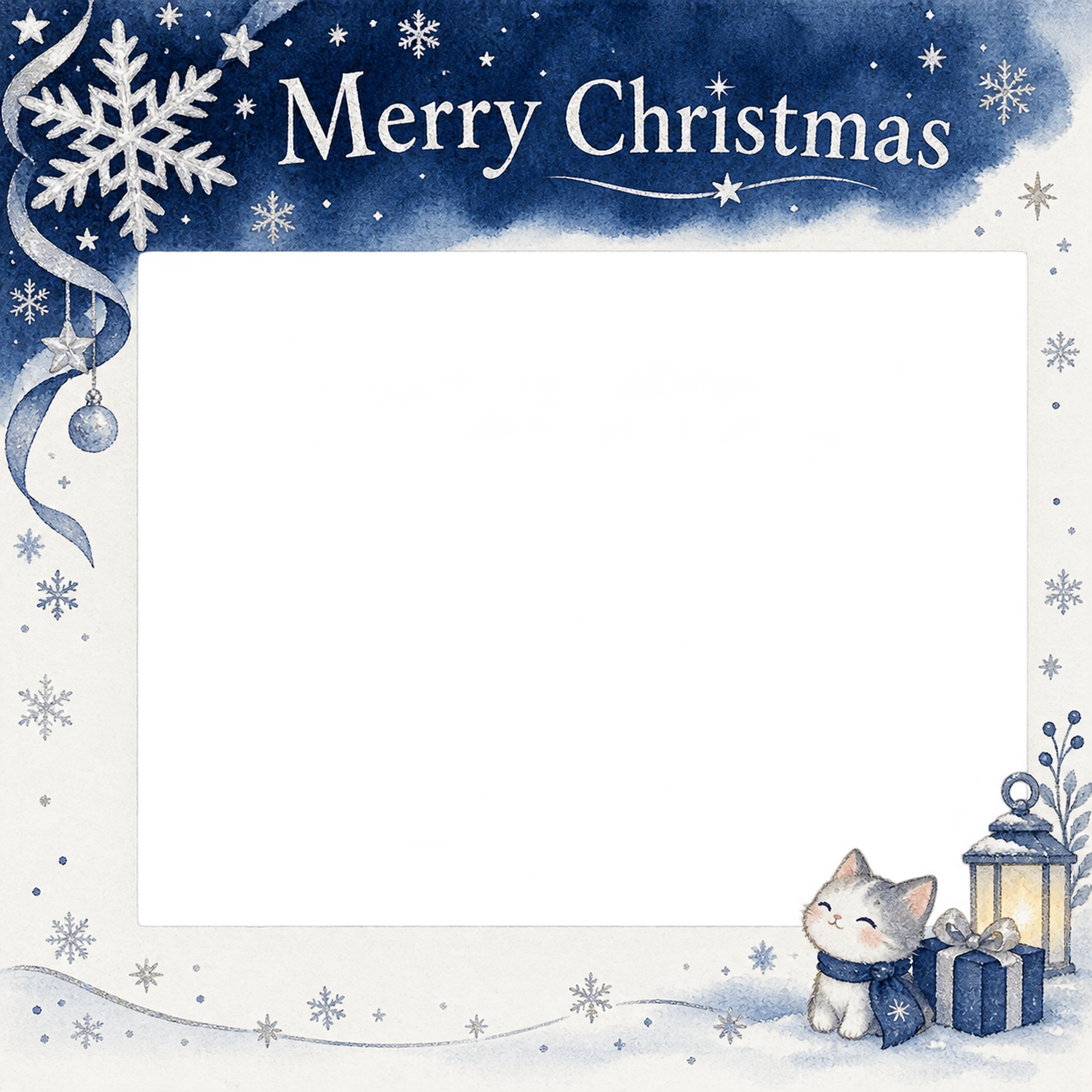 銀の雪結晶の会社・社員のクリスマス写真フレーム｜紺と銀の聖夜・無料イラスト 100206に写真・文字を入れる