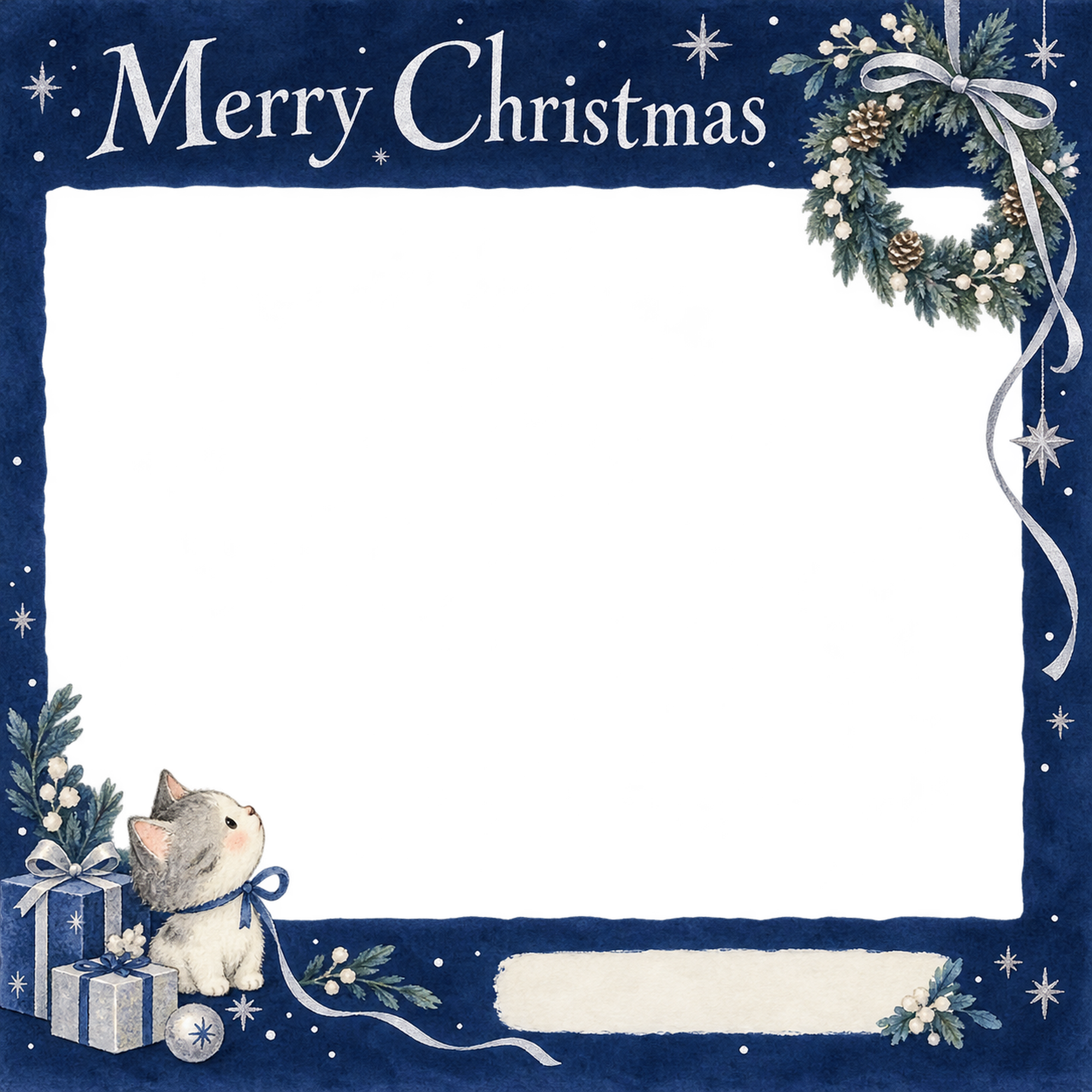 リースと細いリボンの会社・社員のクリスマス写真フレーム｜紺と銀の聖夜・無料イラスト 100209に写真・文字を入れる