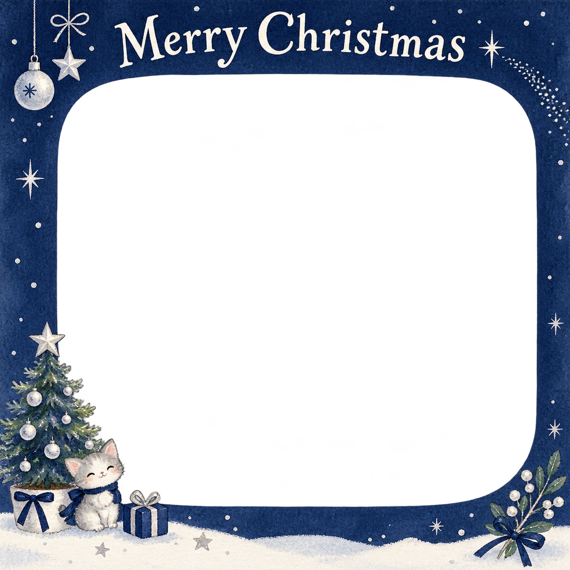小さなツリーの会社・社員のクリスマス写真フレーム｜紺と銀の聖夜・無料イラスト 100210に写真・文字を入れる
