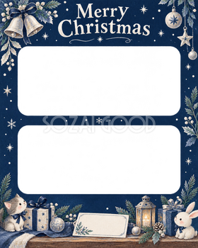 ベルと冬の葉の会社・社員のクリスマス写真フレーム｜紺と銀の聖夜・無料イラスト 100211