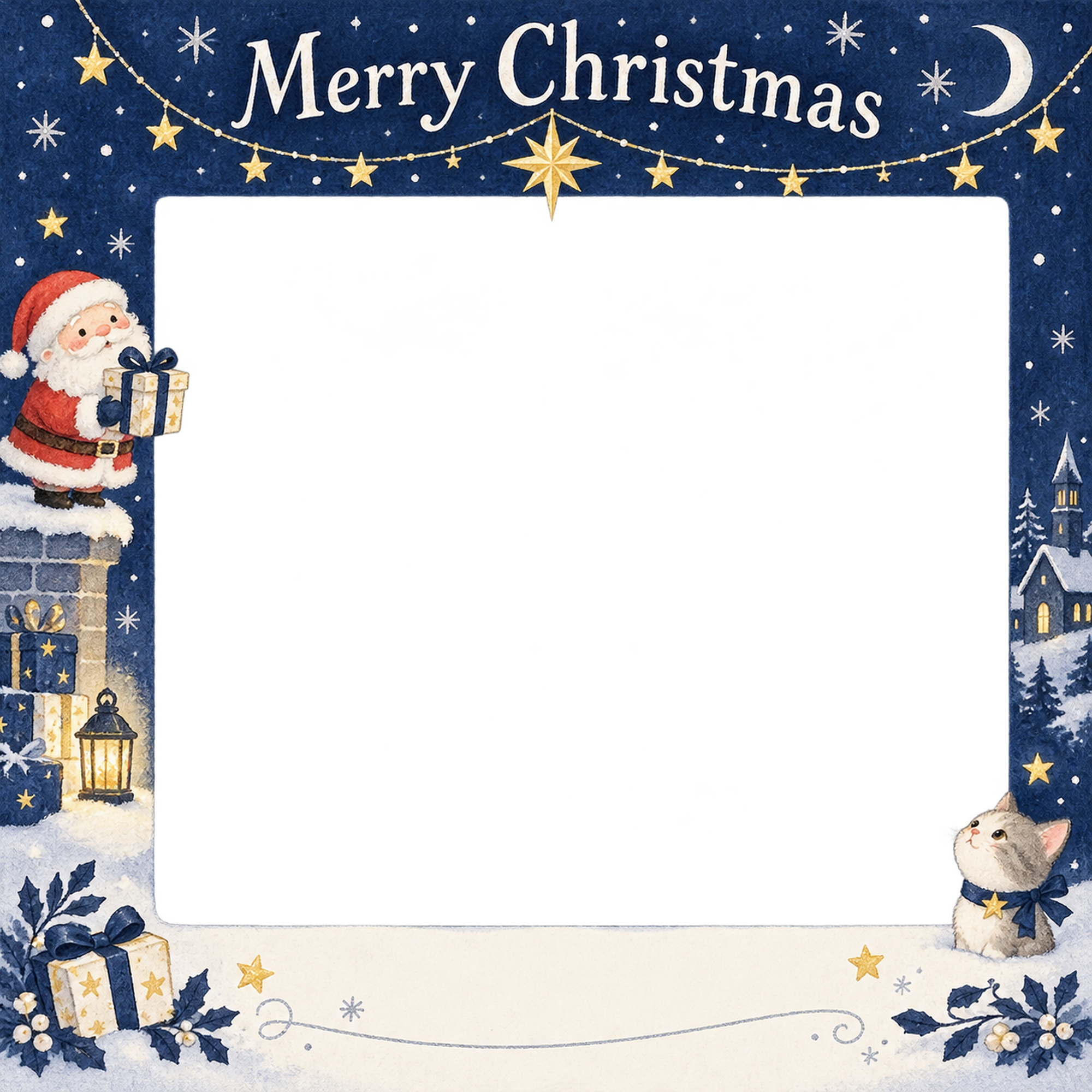 金の星の会社・社員のクリスマス写真フレーム｜紺と銀の聖夜・無料イラスト 100212に写真・文字を入れる