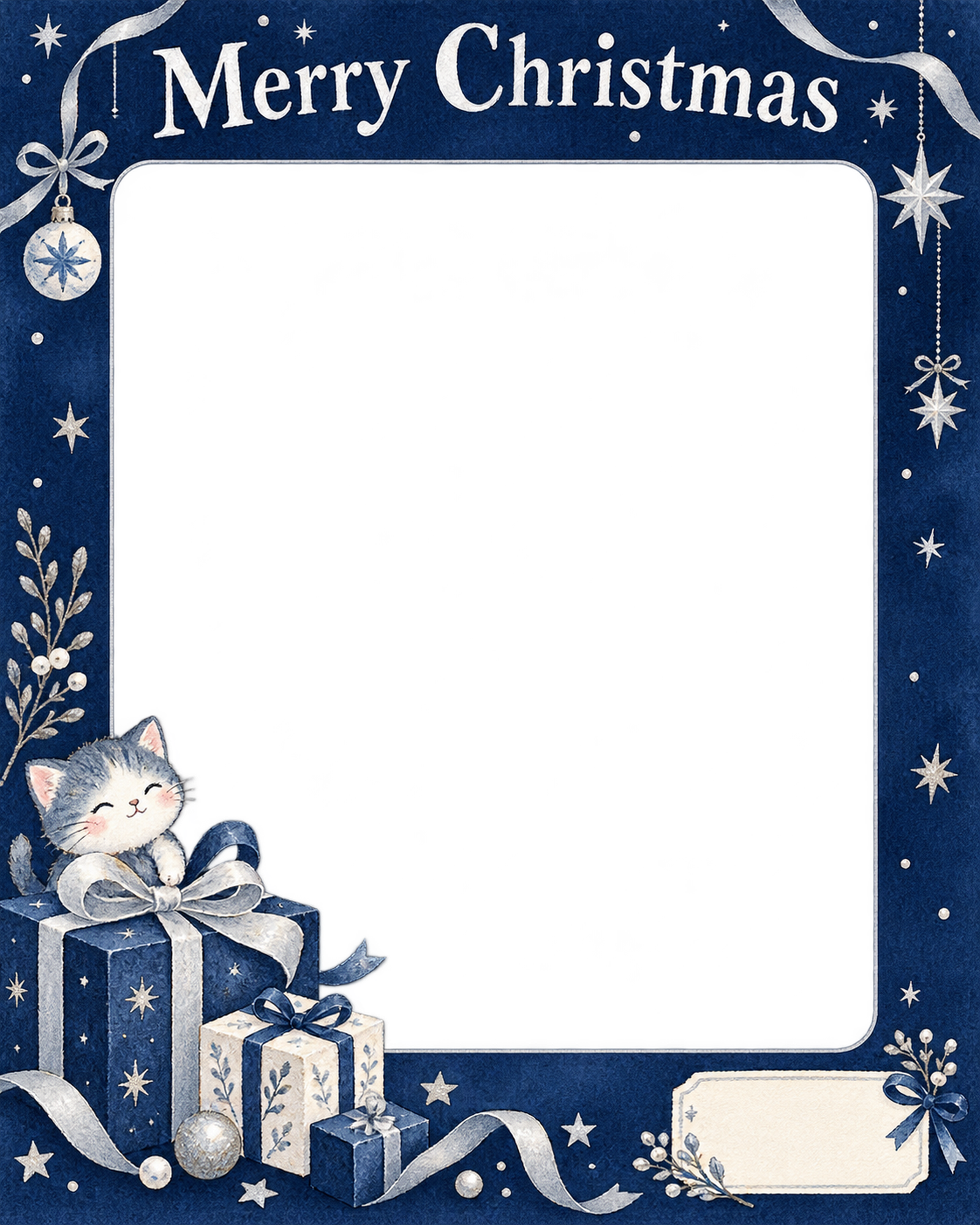 贈り物の結び目の会社・社員のクリスマス写真フレーム｜紺と銀の聖夜・無料イラスト 100215に写真・文字を入れる