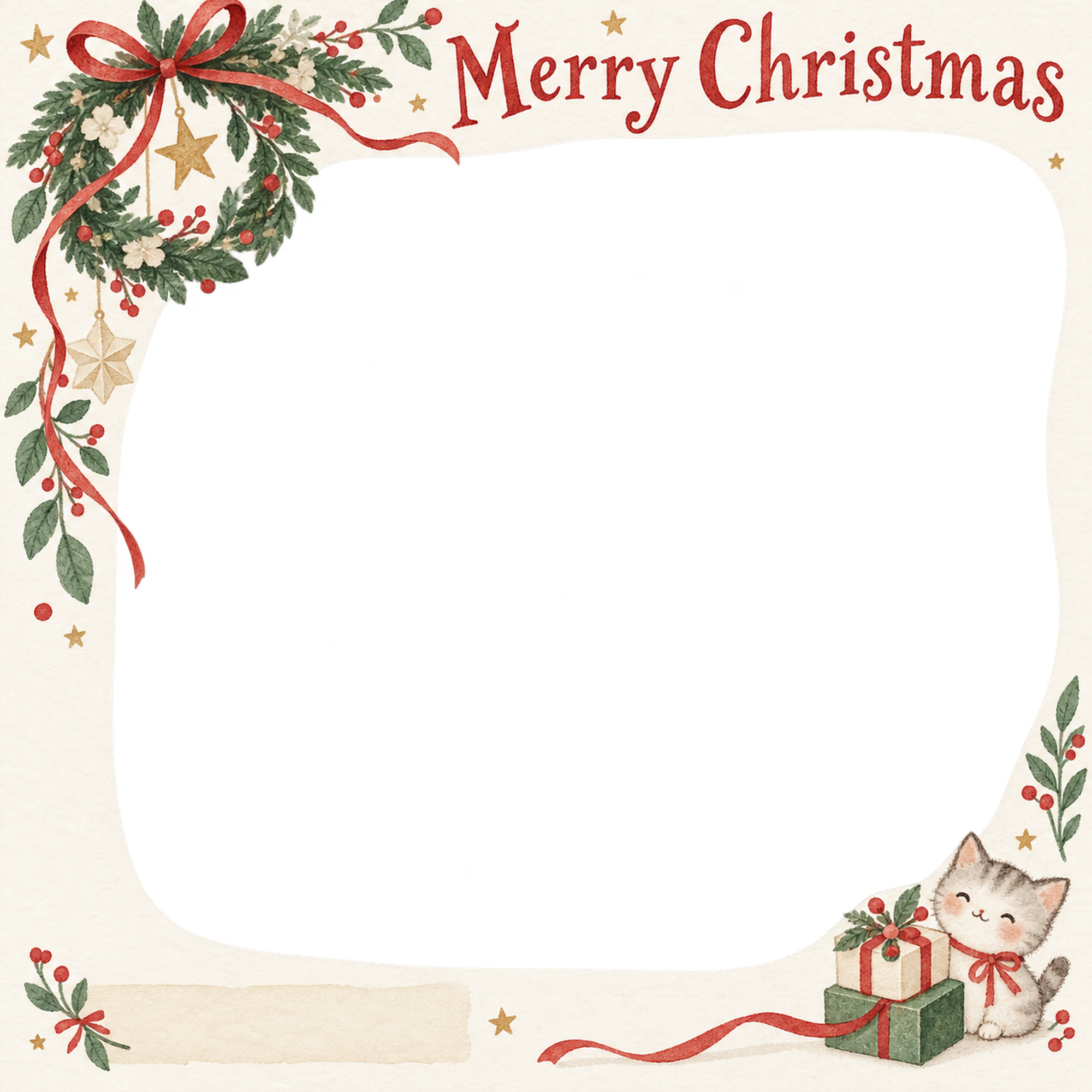 リースと細いリボンの会社・社員のクリスマス写真フレーム｜紙細工の贈り物・無料イラスト 100219に写真・文字を入れる