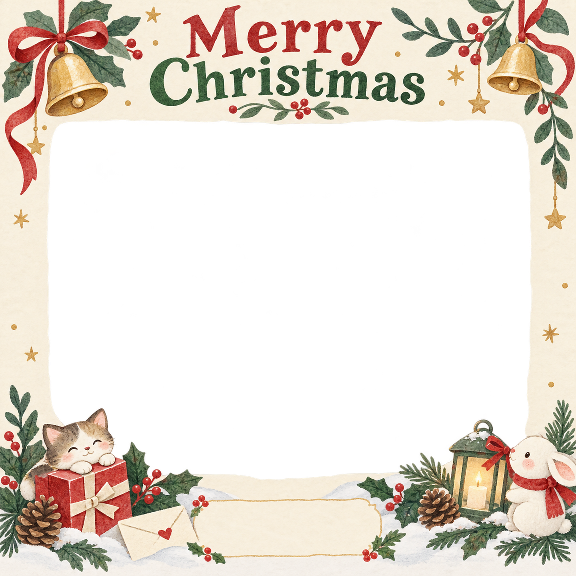 ベルと冬の葉の会社・社員のクリスマス写真フレーム｜紙細工の贈り物・無料イラスト 100221に写真・文字を入れる