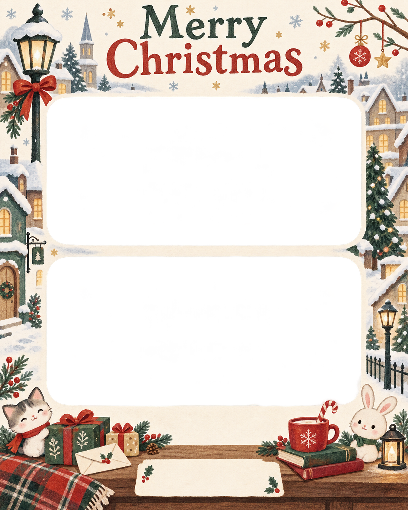 雪の街並みの会社・社員のクリスマス写真フレーム｜紙細工の贈り物・無料イラスト 100224に写真・文字を入れる