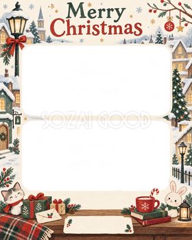 雪の街並みの会社・社員のクリスマス写真フレーム｜紙細工の贈り物・無料イラスト 100224