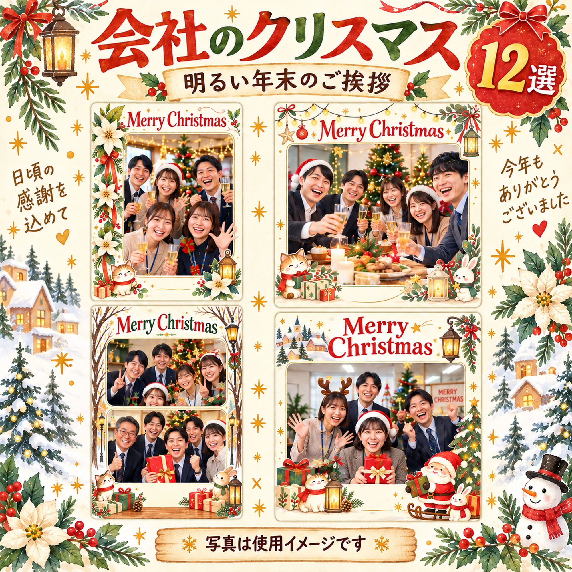 会社・社員のクリスマス写真フレーム12選｜明るい年末のご挨拶の無料イラスト素材 100231に写真・文字を入れる