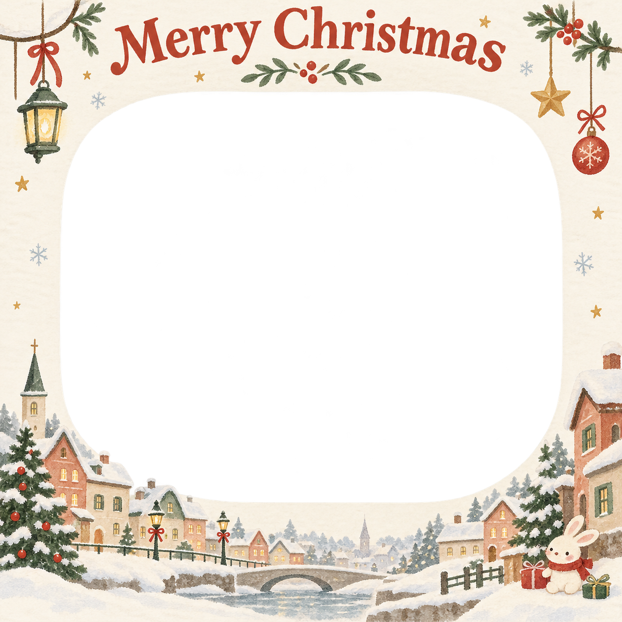 雪の街並みの会社・社員のクリスマス写真フレーム｜明るい年末のご挨拶・無料イラスト 100234に写真・文字を入れる