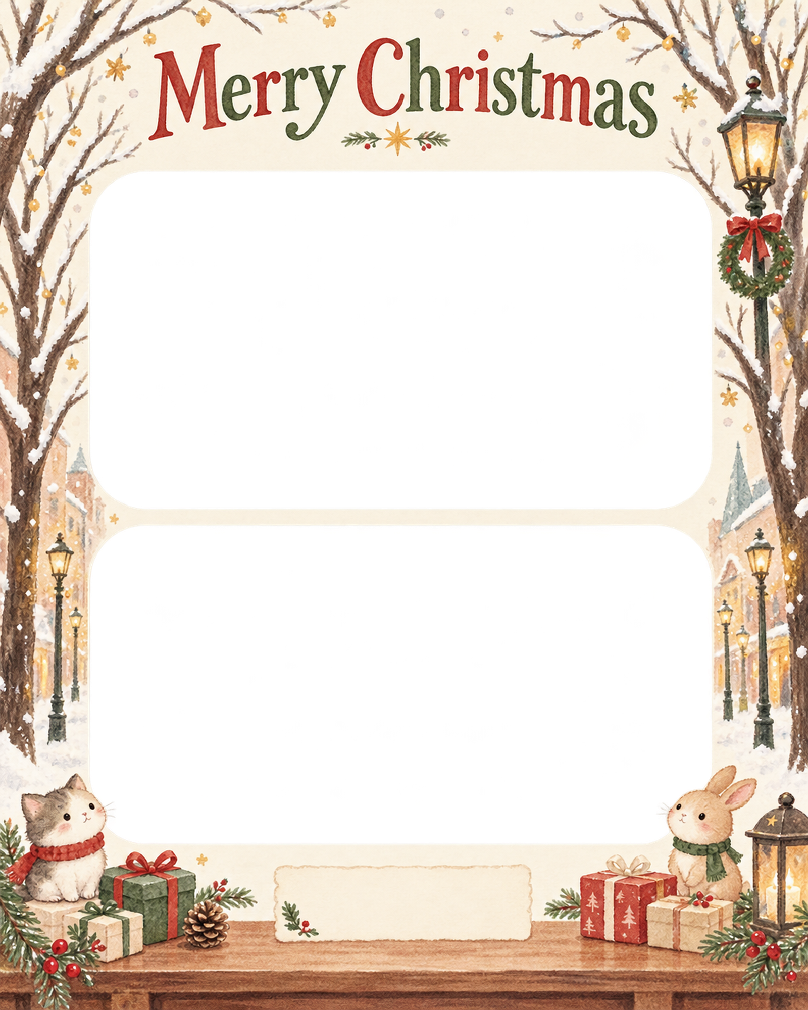 冬の並木の会社・社員のクリスマス写真フレーム｜明るい年末のご挨拶・無料イラスト 100237に写真・文字を入れる