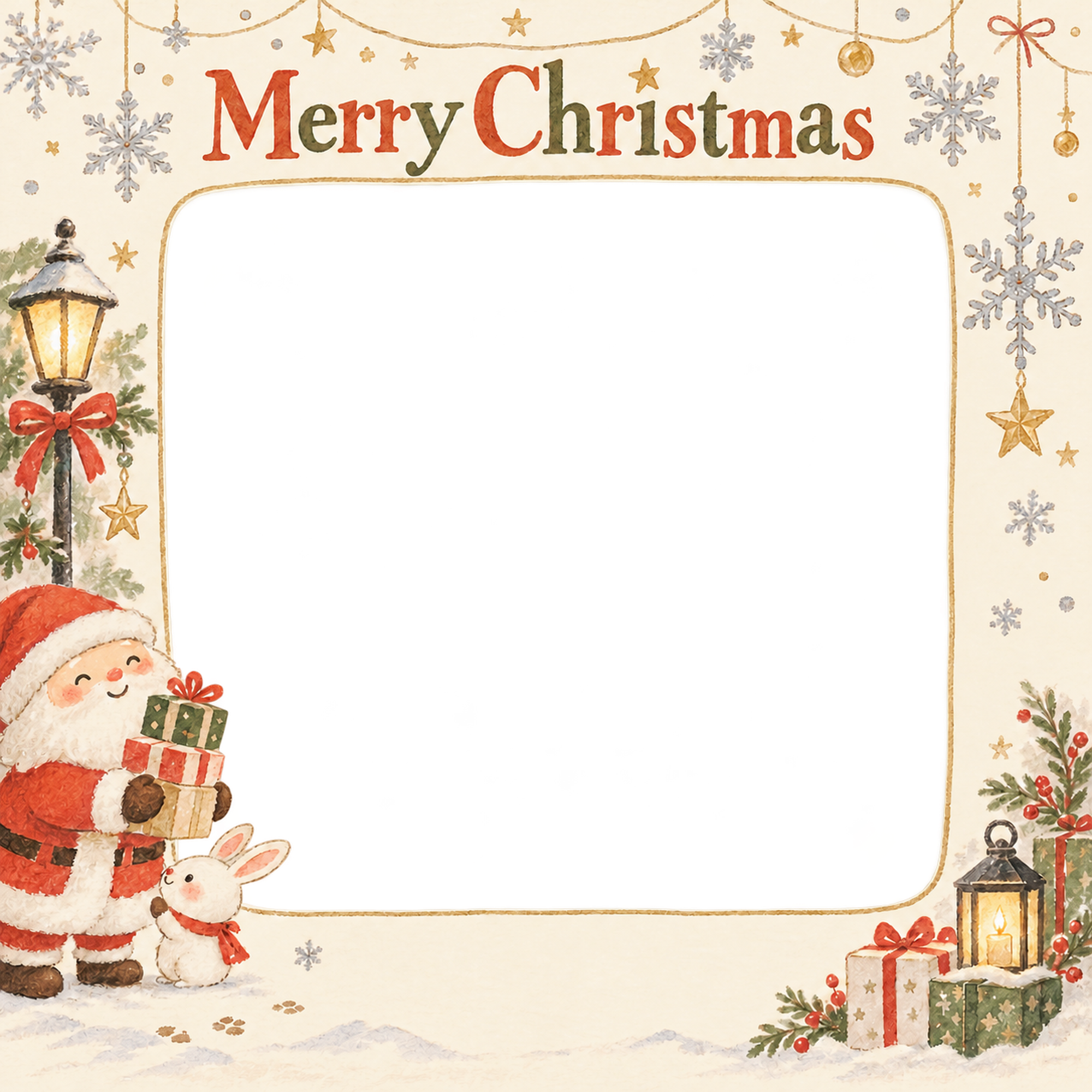 銀の雪結晶の会社・社員のクリスマス写真フレーム｜明るい年末のご挨拶・無料イラスト 100238に写真・文字を入れる