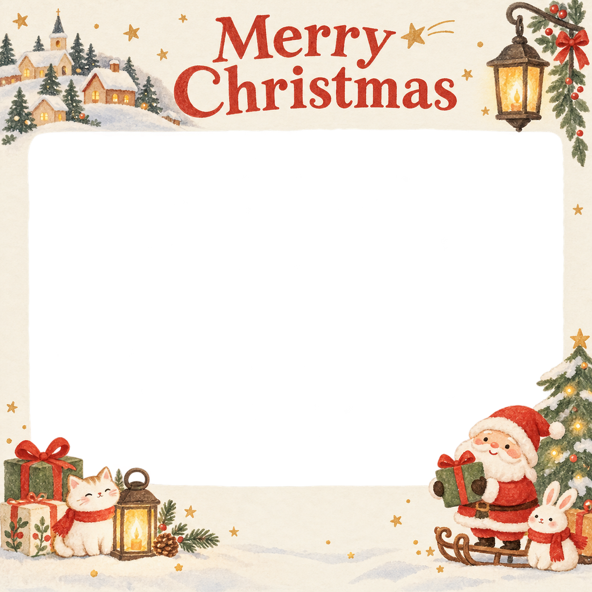 あたたかな灯りの会社・社員のクリスマス写真フレーム｜明るい年末のご挨拶・無料イラスト 100239に写真・文字を入れる
