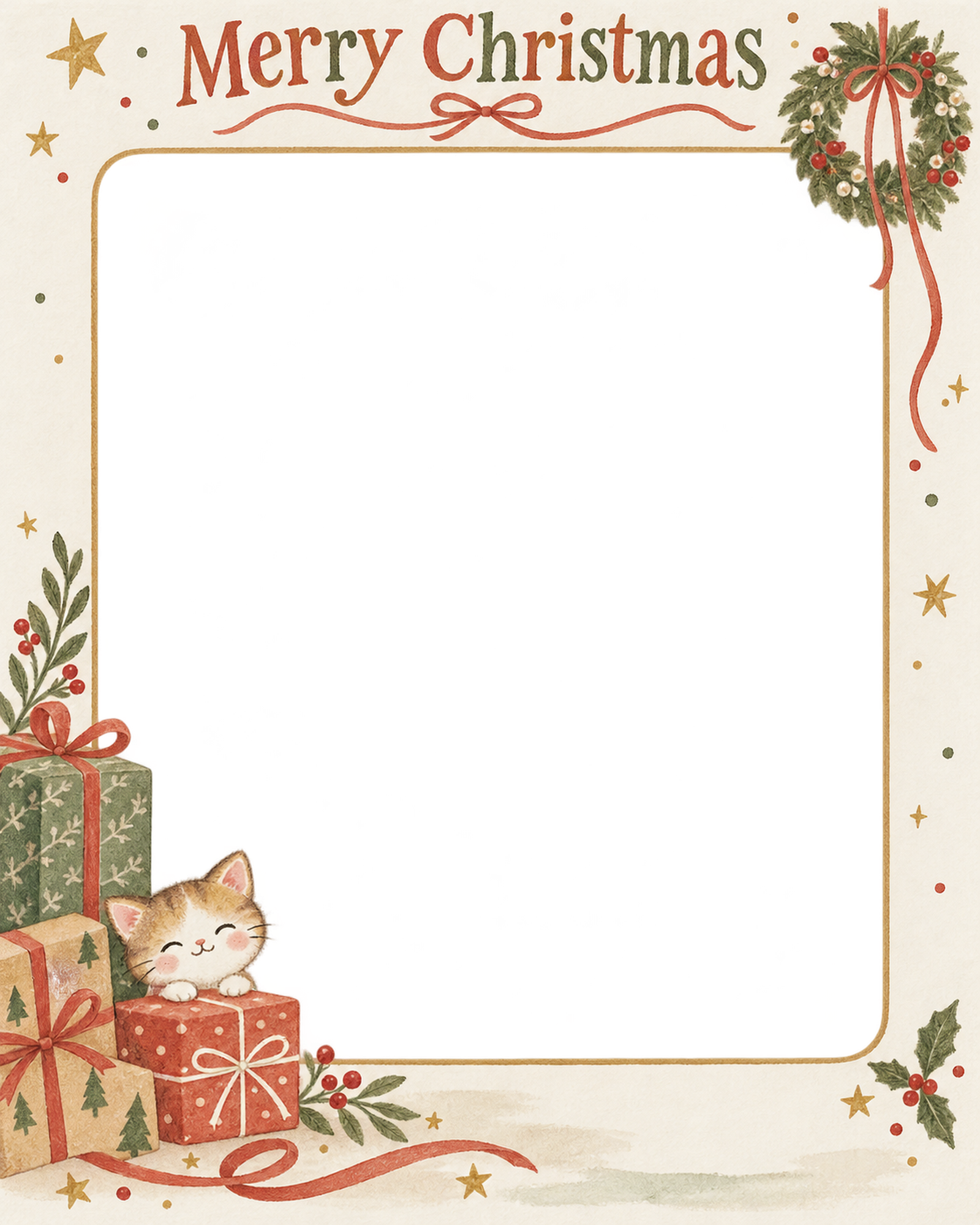 リースと細いリボンの会社・社員のクリスマス写真フレーム｜明るい年末のご挨拶・無料イラスト 100241に写真・文字を入れる