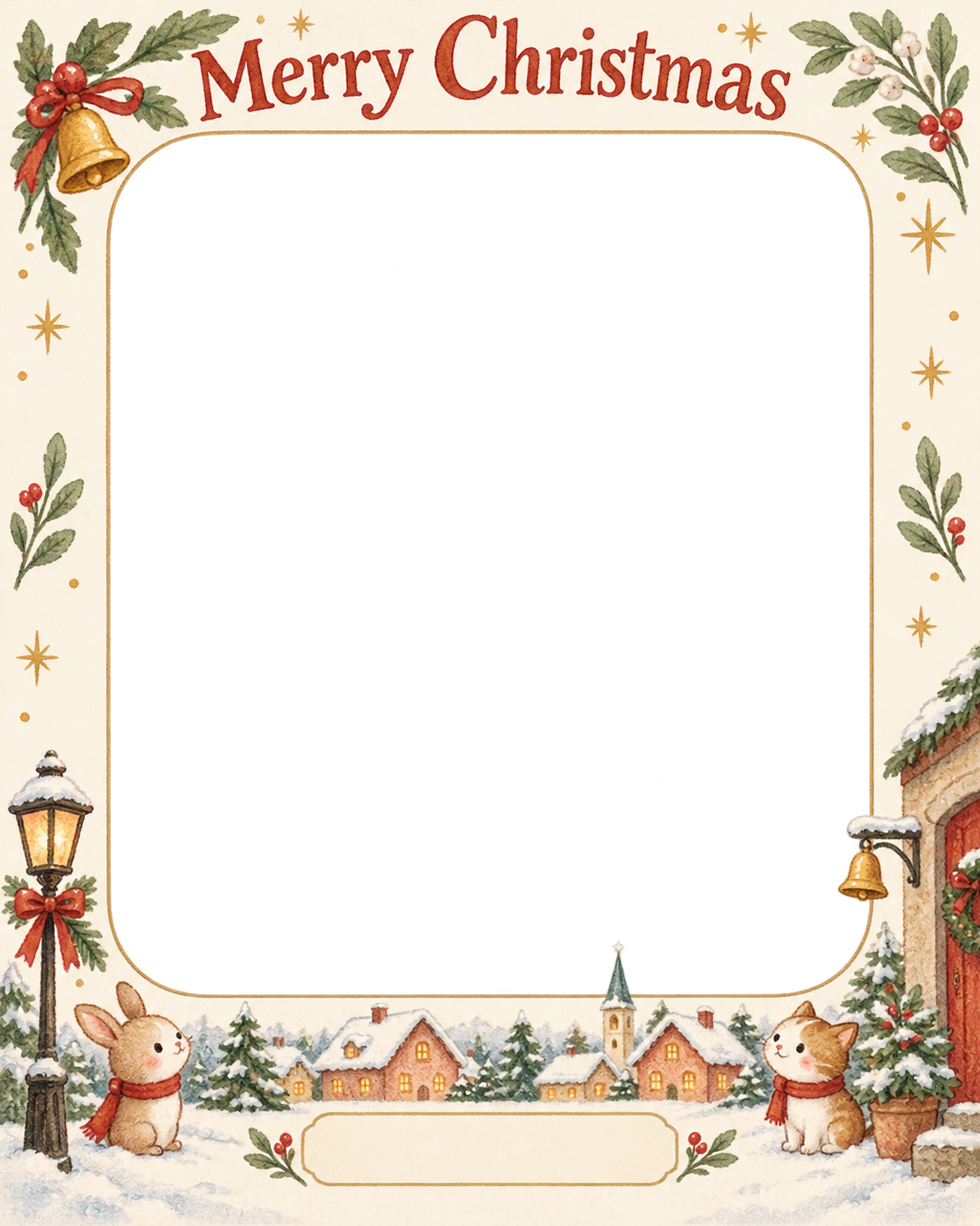 ベルと冬の葉の会社・社員のクリスマス写真フレーム｜明るい年末のご挨拶・無料イラスト 100243に写真・文字を入れる