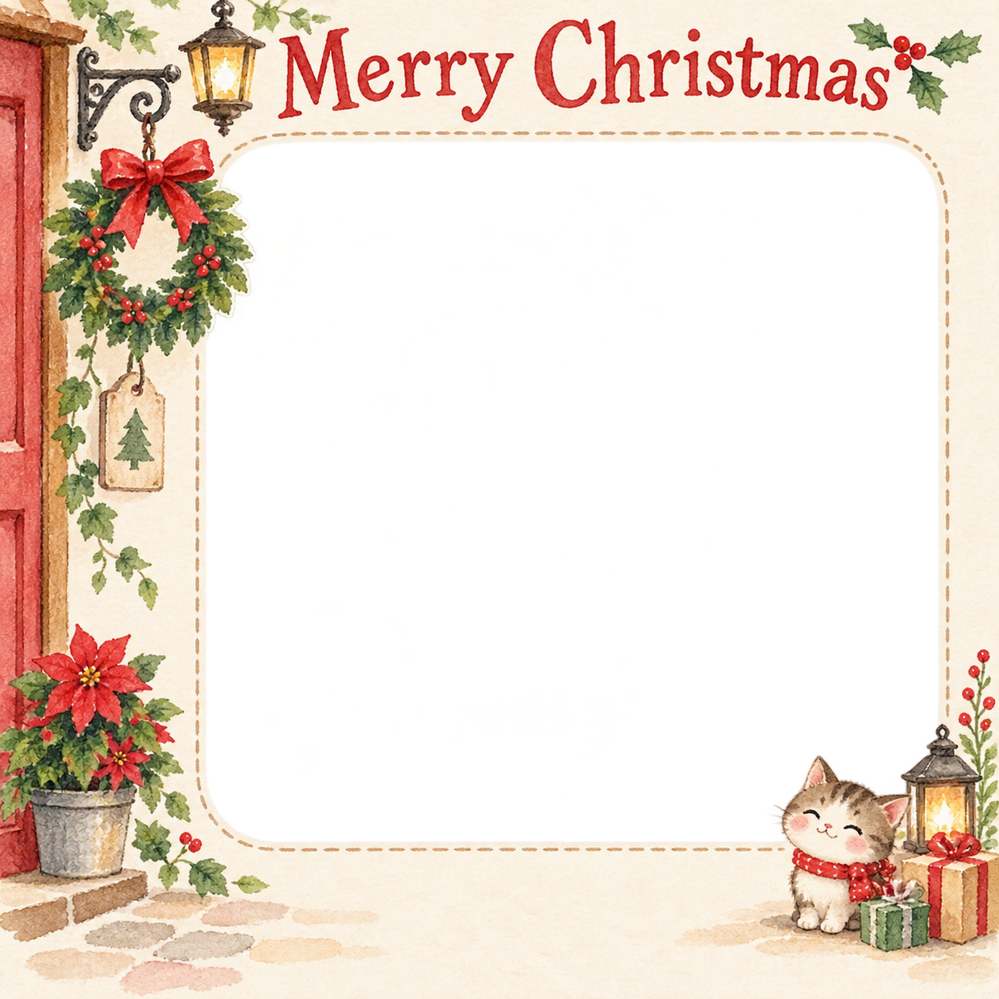 入口の小さなリースのお店・スタッフのクリスマス写真フレーム｜笑顔を届ける定番・無料イラスト 100245に写真・文字を入れる