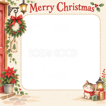 入口の小さなリースのお店・スタッフのクリスマス写真フレーム｜笑顔を届ける定番・無料イラスト 100245