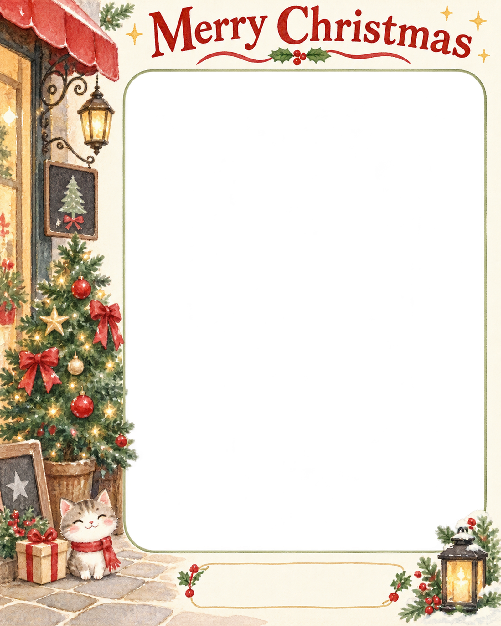 店先のツリーのお店・スタッフのクリスマス写真フレーム｜笑顔を届ける定番・無料イラスト 100246に写真・文字を入れる