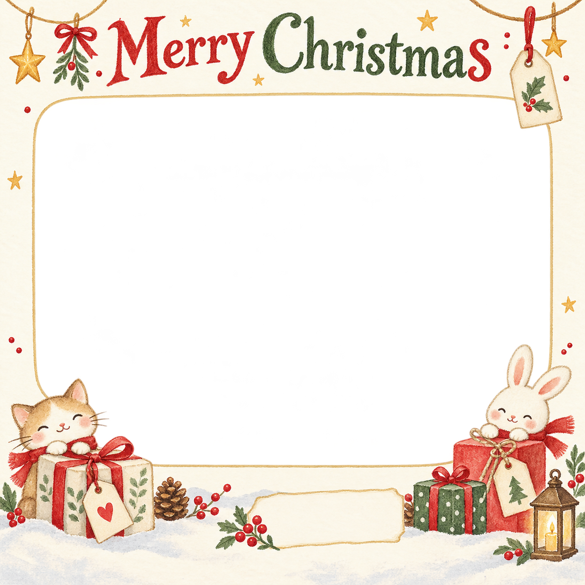 贈り物とタグのお店・スタッフのクリスマス写真フレーム｜笑顔を届ける定番・無料イラスト 100247に写真・文字を入れる