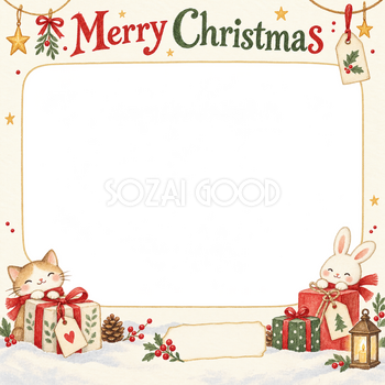 贈り物とタグのお店・スタッフのクリスマス写真フレーム｜笑顔を届ける定番・無料イラスト 100247