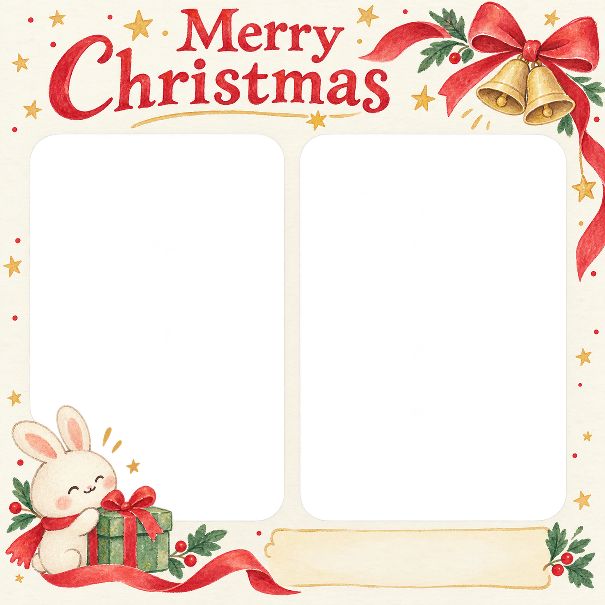 リボンとベルのお店・スタッフのクリスマス写真フレーム｜笑顔を届ける定番・無料イラスト 100248に写真・文字を入れる