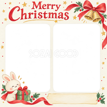 リボンとベルのお店・スタッフのクリスマス写真フレーム｜笑顔を届ける定番・無料イラスト 100248