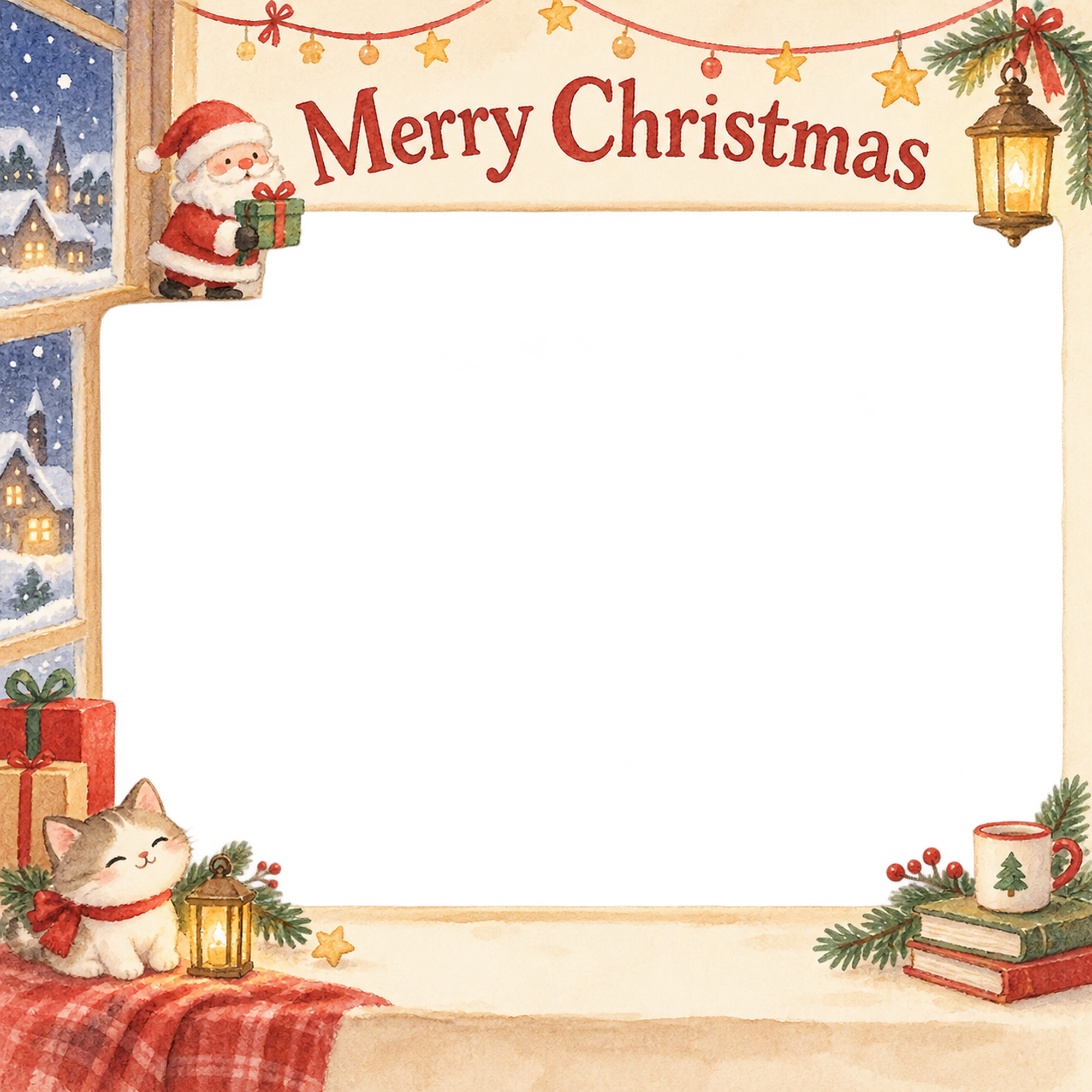 窓辺の灯りのお店・スタッフのクリスマス写真フレーム｜笑顔を届ける定番・無料イラスト 100251に写真・文字を入れる