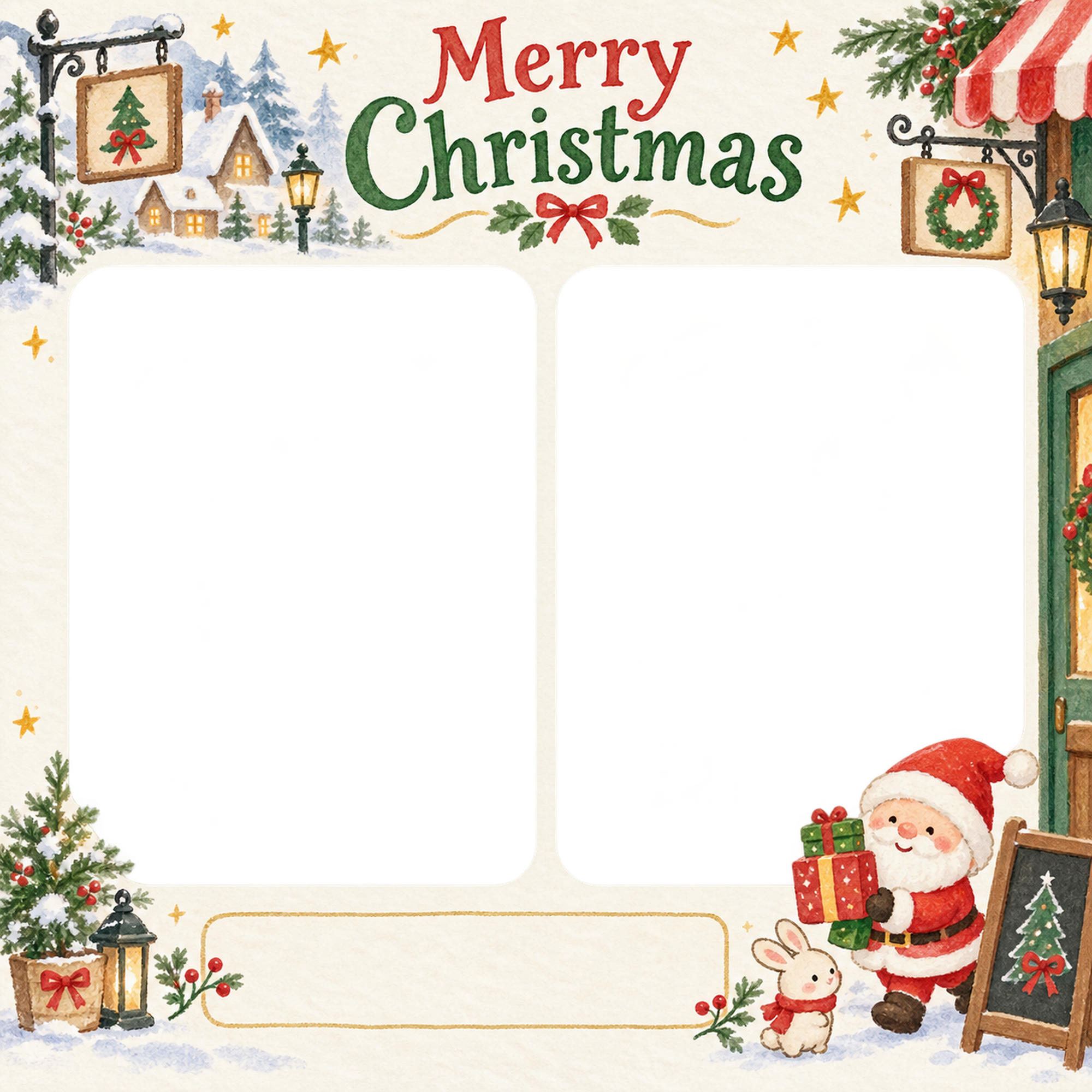 小さな看板の飾りのお店・スタッフのクリスマス写真フレーム｜笑顔を届ける定番・無料イラスト 100252に写真・文字を入れる