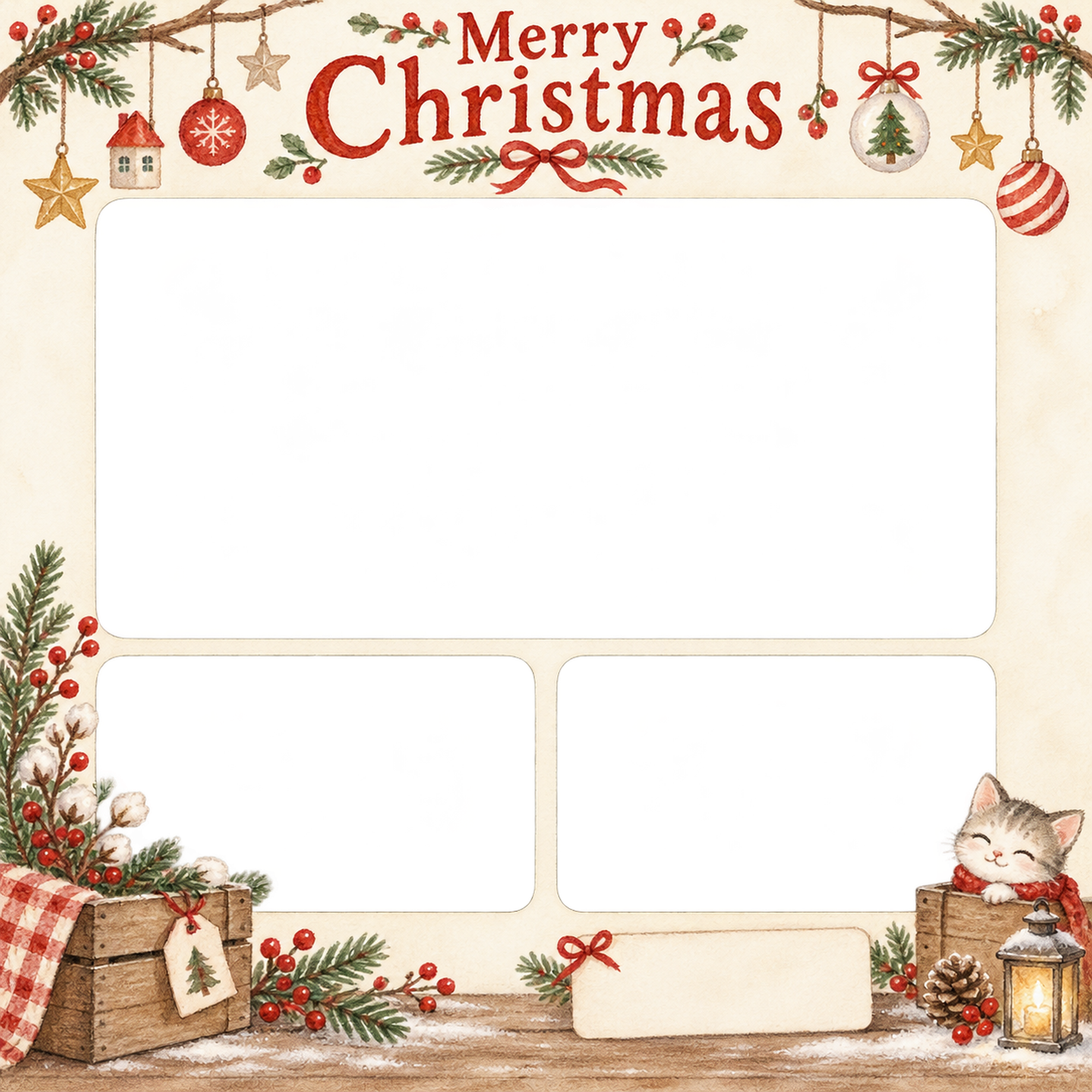 木箱と冬の枝のお店・スタッフのクリスマス写真フレーム｜笑顔を届ける定番・無料イラスト 100255に写真・文字を入れる