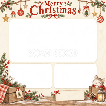 木箱と冬の枝のお店・スタッフのクリスマス写真フレーム｜笑顔を届ける定番・無料イラスト 100255