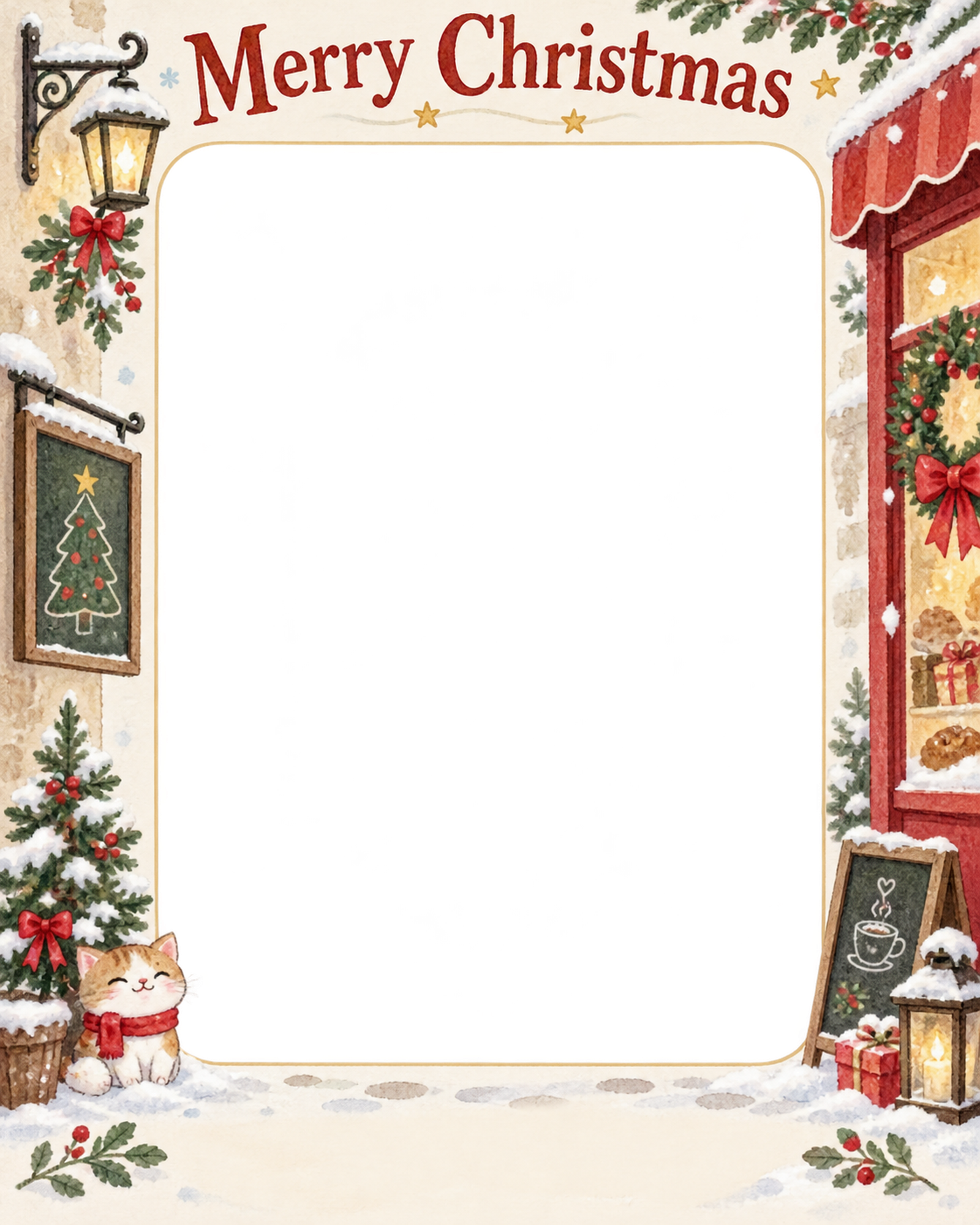 雪の日の店先のお店・スタッフのクリスマス写真フレーム｜笑顔を届ける定番・無料イラスト 100256に写真・文字を入れる