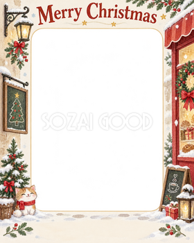 雪の日の店先のお店・スタッフのクリスマス写真フレーム｜笑顔を届ける定番・無料イラスト 100256
