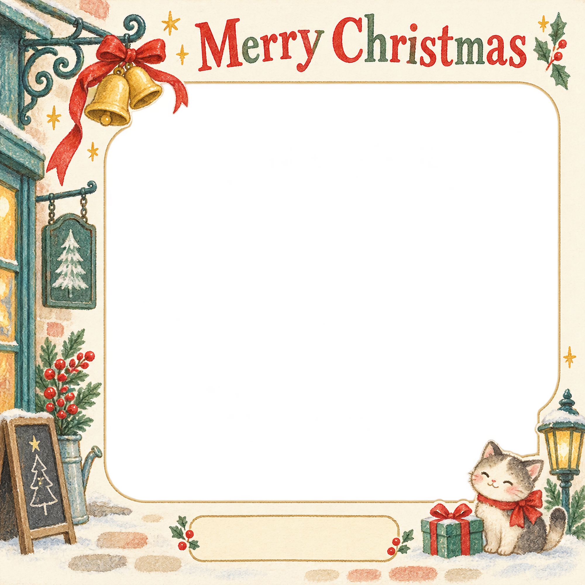 リボンとベルのお店・スタッフのクリスマス写真フレーム｜小さなお店の冬支度・無料イラスト 100258に写真・文字を入れる