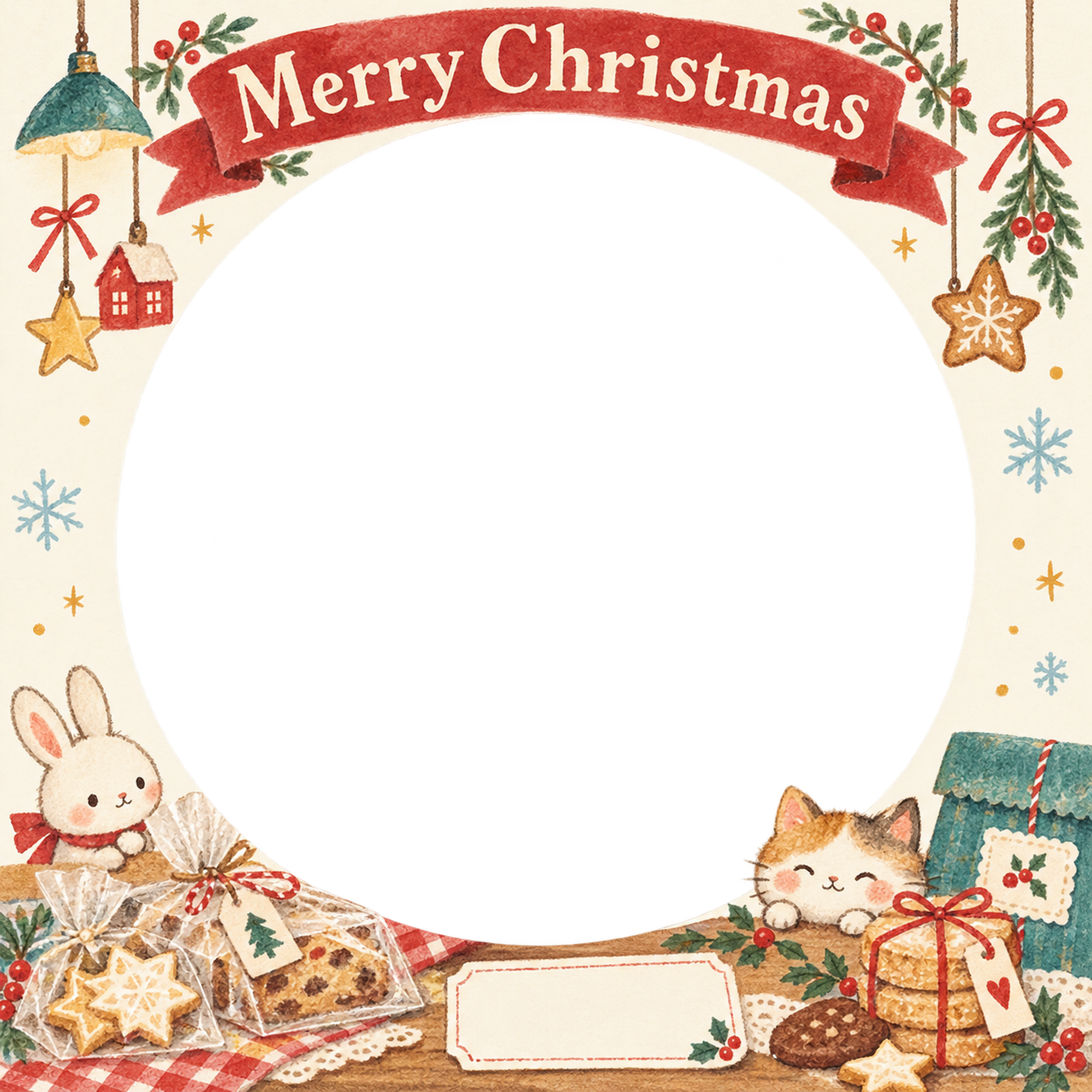 焼き菓子の包みのお店・スタッフのクリスマス写真フレーム｜小さなお店の冬支度・無料イラスト 100260に写真・文字を入れる