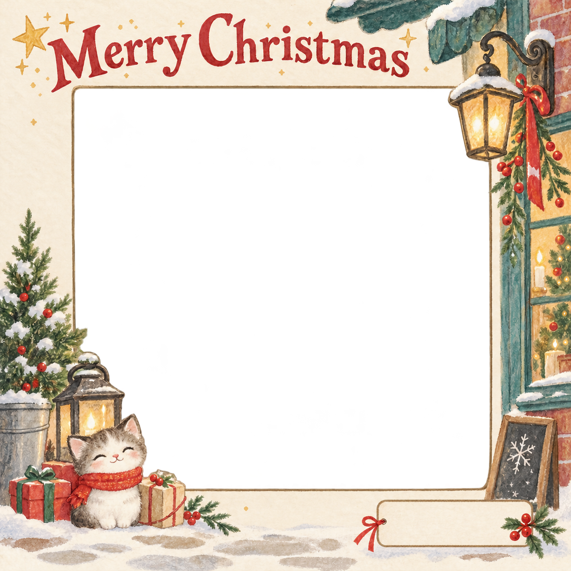 窓辺の灯りのお店・スタッフのクリスマス写真フレーム｜小さなお店の冬支度・無料イラスト 100261に写真・文字を入れる