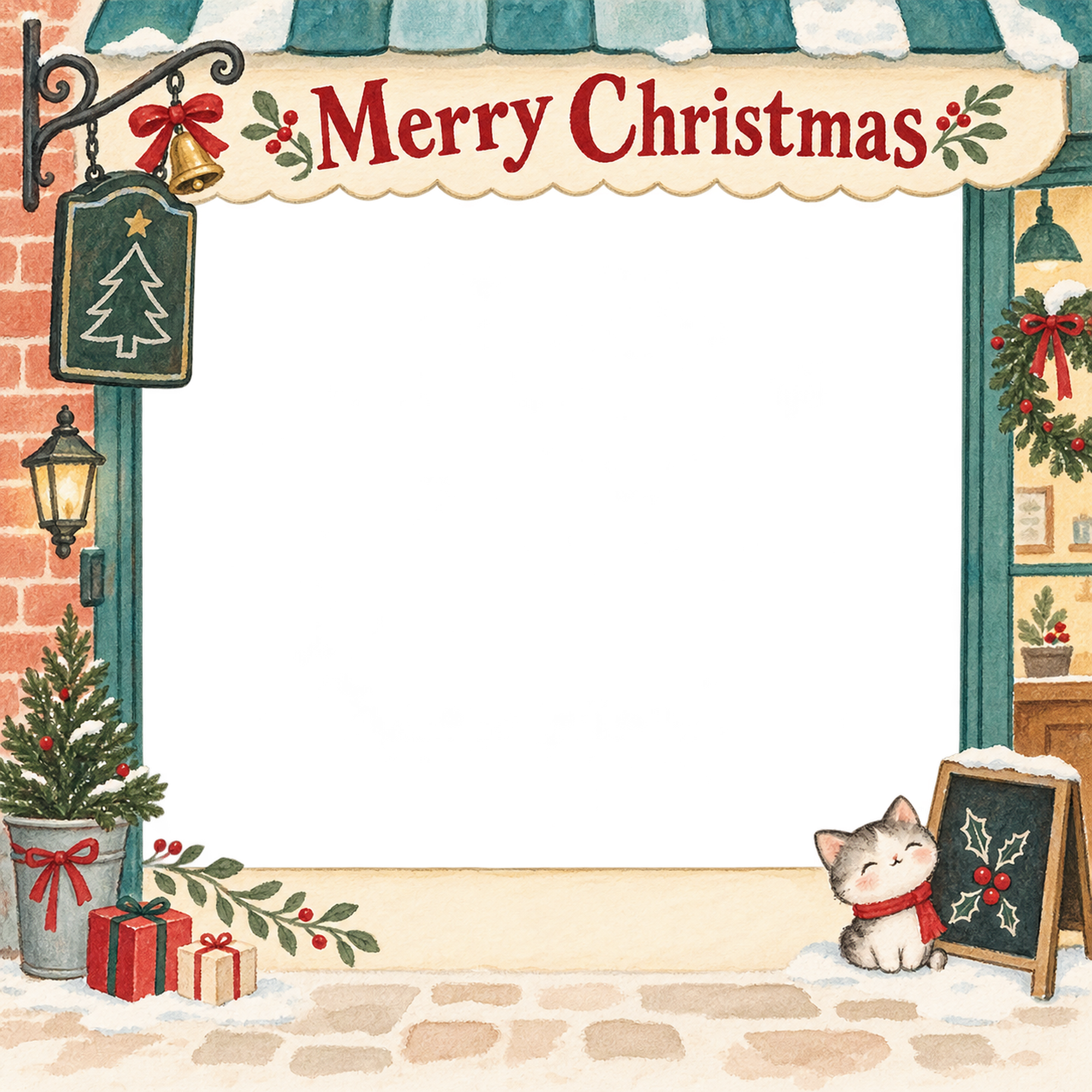 小さな看板の飾りのお店・スタッフのクリスマス写真フレーム｜小さなお店の冬支度・無料イラスト 100262に写真・文字を入れる