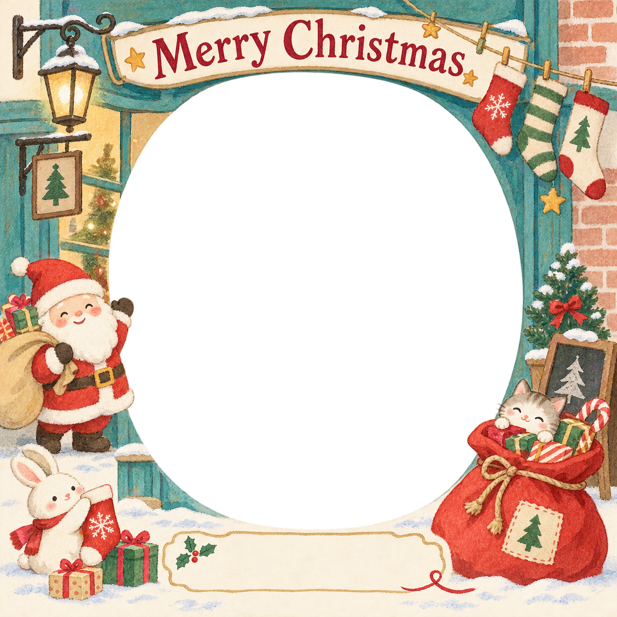 くつしたと袋のお店・スタッフのクリスマス写真フレーム｜小さなお店の冬支度・無料イラスト 100264に写真・文字を入れる