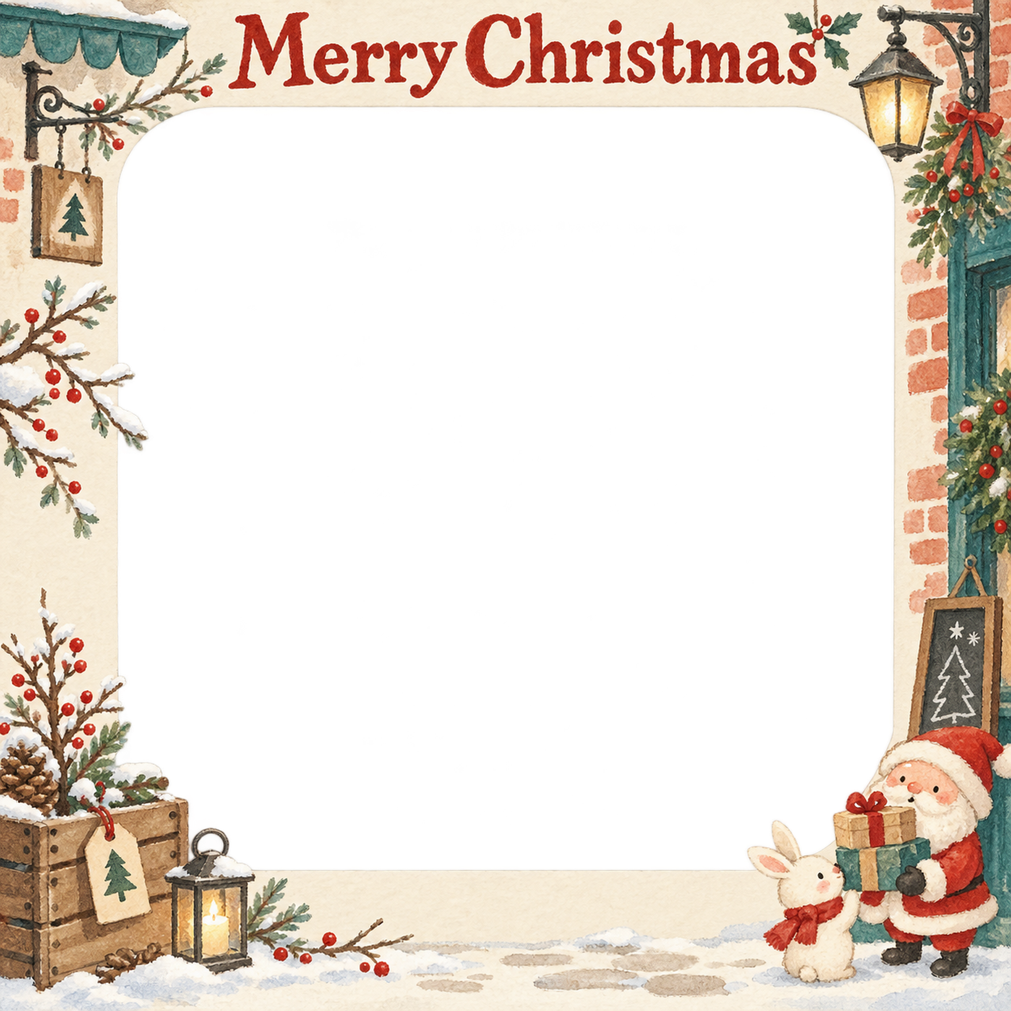 木箱と冬の枝のお店・スタッフのクリスマス写真フレーム｜小さなお店の冬支度・無料イラスト 100265に写真・文字を入れる