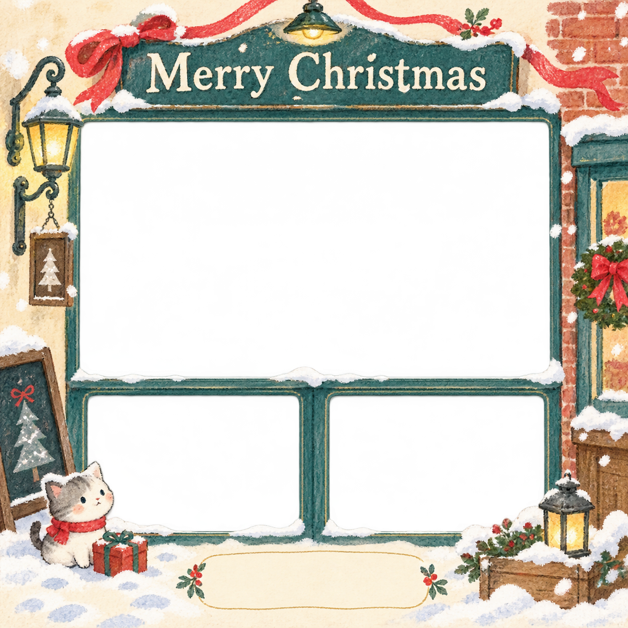 雪の日の店先のお店・スタッフのクリスマス写真フレーム｜小さなお店の冬支度・無料イラスト 100266に写真・文字を入れる