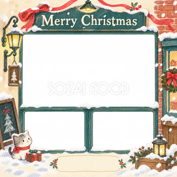 雪の日の店先のお店・スタッフのクリスマス写真フレーム｜小さなお店の冬支度・無料イラスト 100266