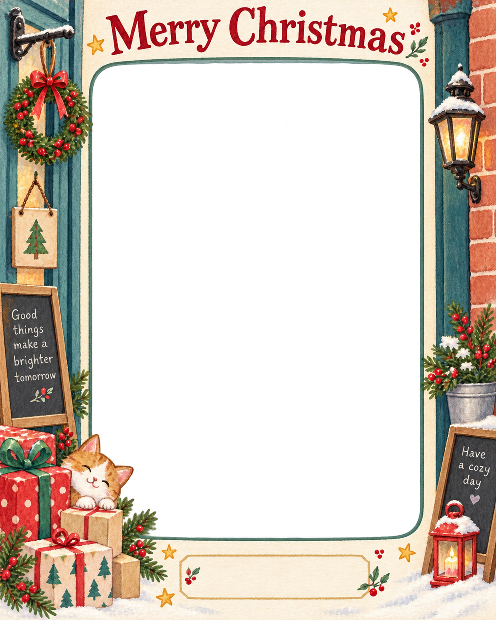入口の小さなリースのお店・スタッフのクリスマス写真フレーム｜小さなお店の冬支度・無料イラスト 100267に写真・文字を入れる