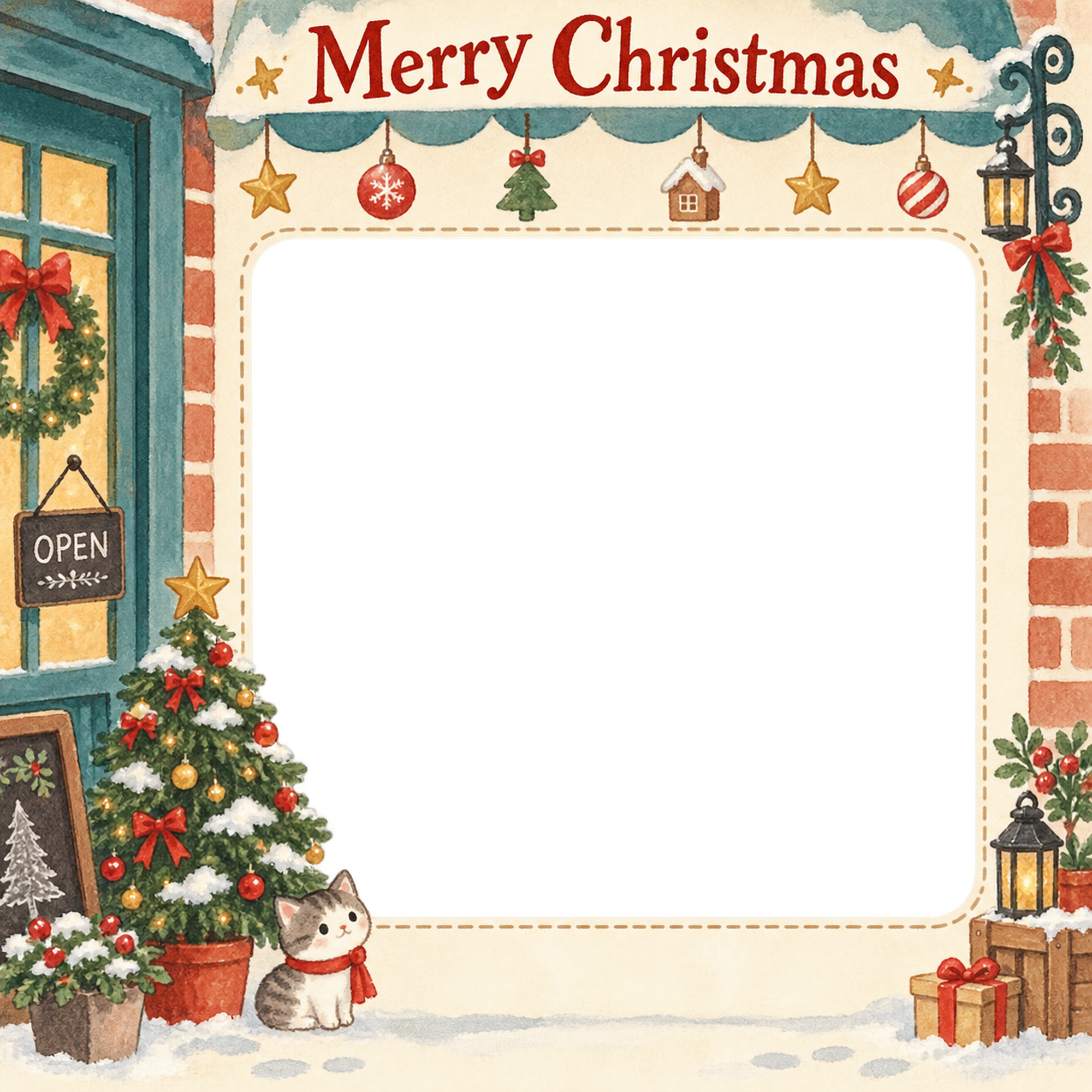 店先のツリーのお店・スタッフのクリスマス写真フレーム｜小さなお店の冬支度・無料イラスト 100268に写真・文字を入れる