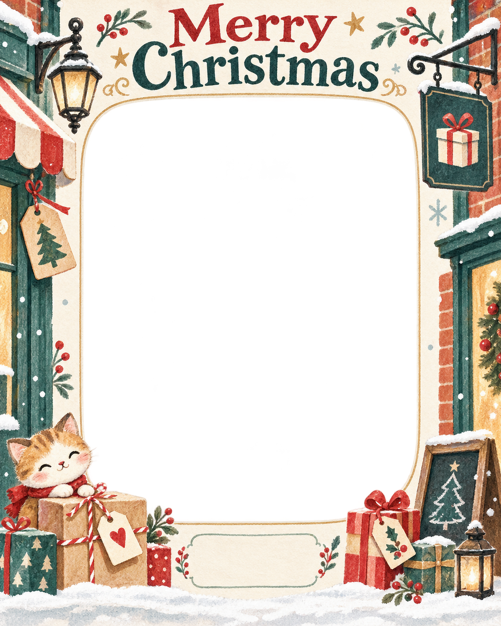 贈り物とタグのお店・スタッフのクリスマス写真フレーム｜小さなお店の冬支度・無料イラスト 100269に写真・文字を入れる